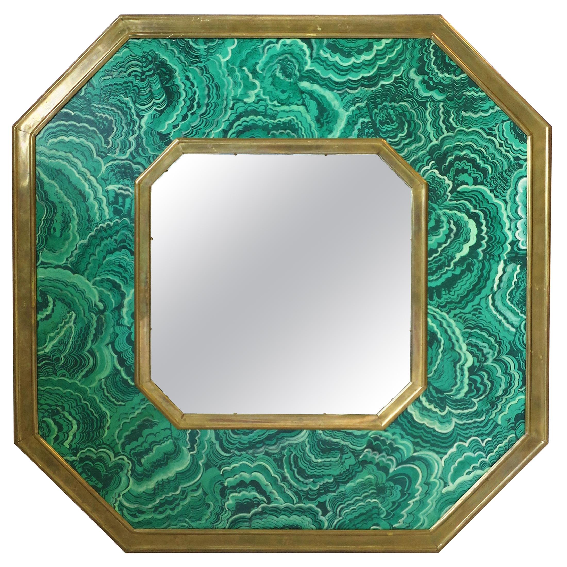 Italian Green Malachite Resin & Brass Octagonal Wall Mirror Designer, 1970s