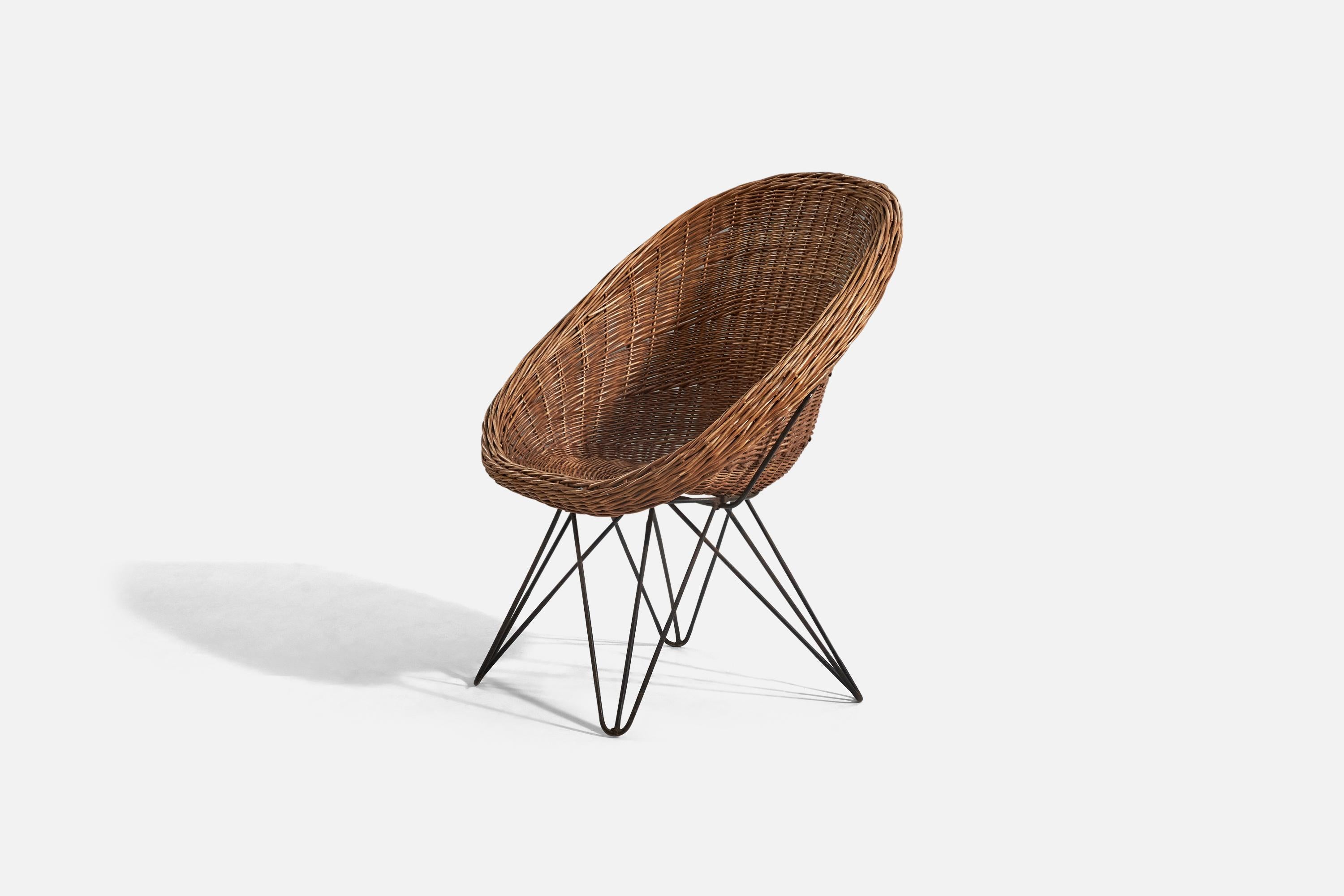 Mid-Century Modern Italian Designer, Chair, Wicker, Metal, Italy, 1950s For Sale