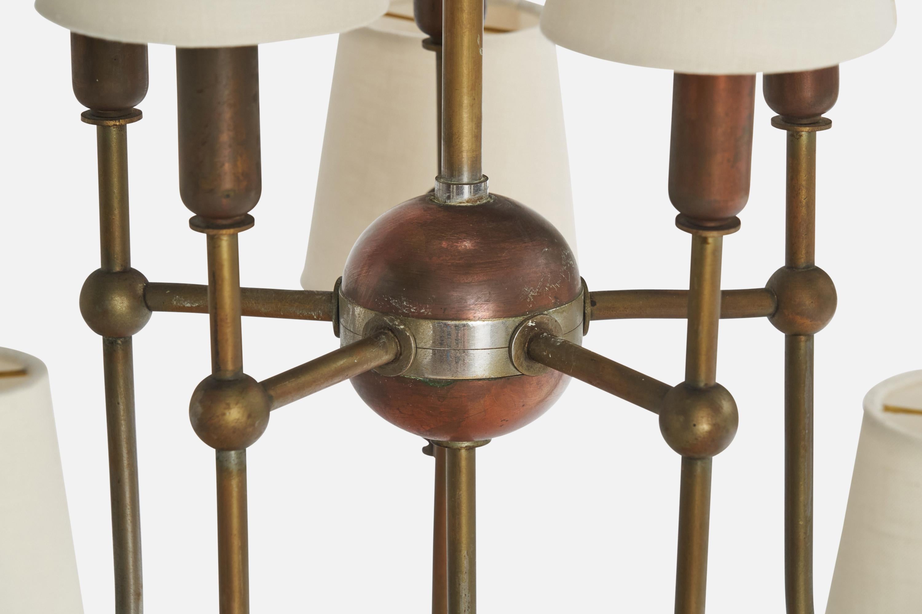 Italian Designer, Chandelier, Brass, Copper, Fabric, Italy, 1950s 8