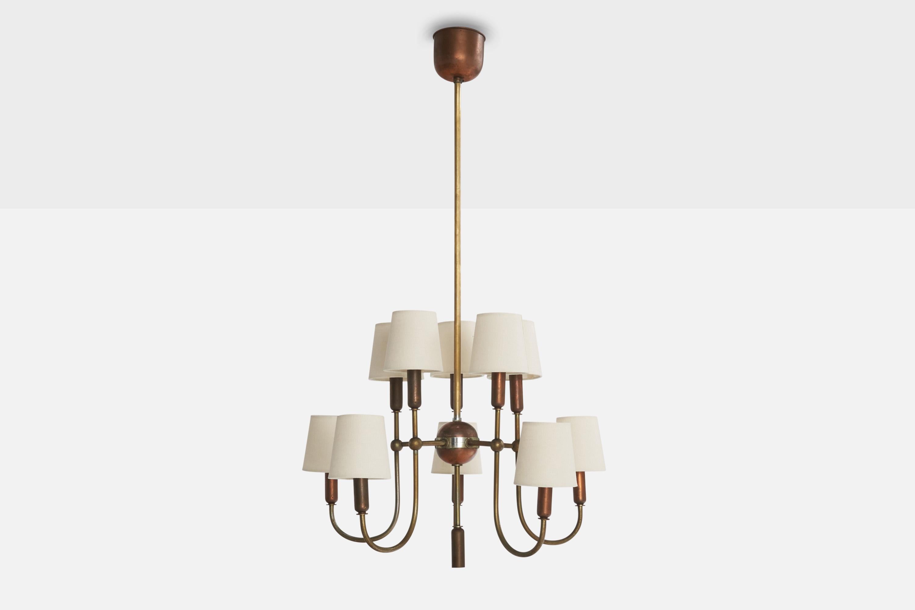 Italian Designer, Chandelier, Brass, Copper, Fabric, Italy, 1950s In Good Condition In High Point, NC