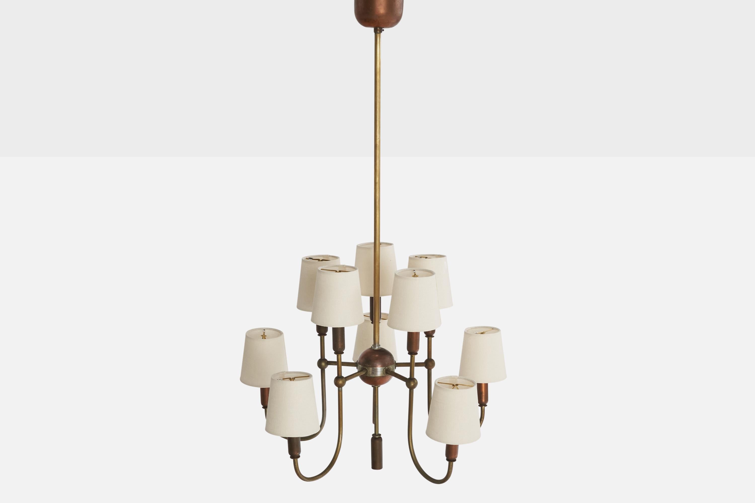 Mid-20th Century Italian Designer, Chandelier, Brass, Copper, Fabric, Italy, 1950s