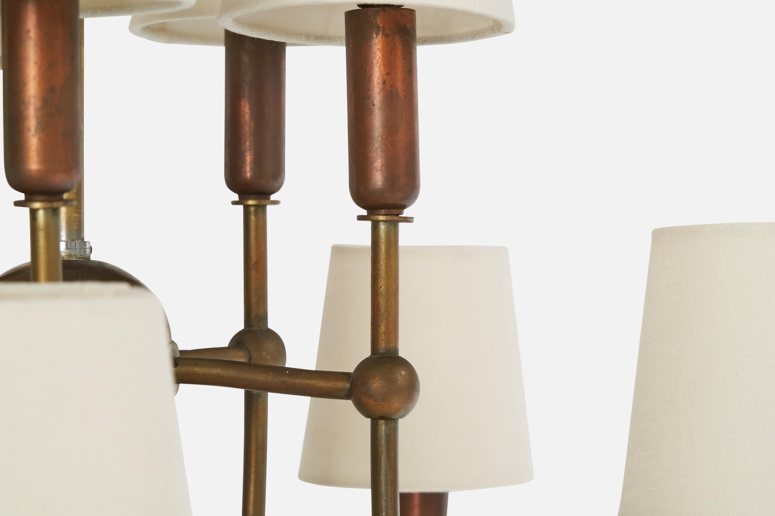 Italian Designer, Chandelier, Brass, Copper, Fabric, Italy, 1950s 1