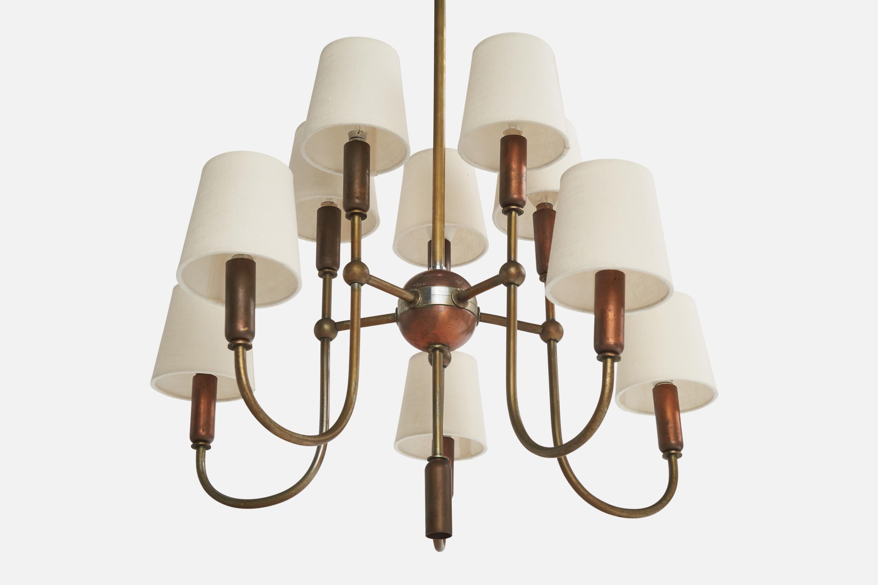 Italian Designer, Chandelier, Brass, Copper, Fabric, Italy, 1950s 3