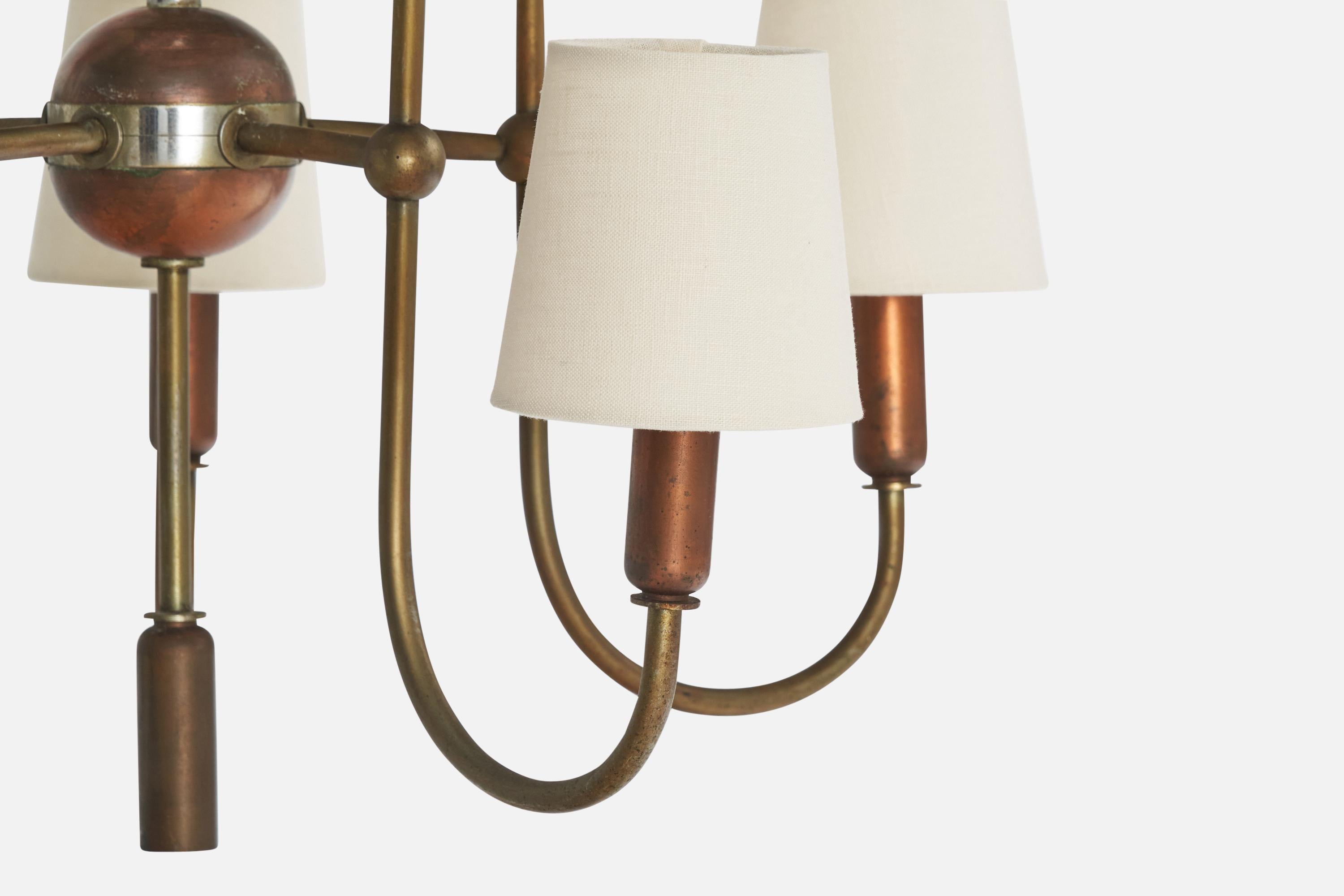 Italian Designer, Chandelier, Brass, Copper, Fabric, Italy, 1950s 4