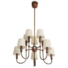 Italian Designer, Chandelier, Brass, Copper, Fabric, Italy, 1950s