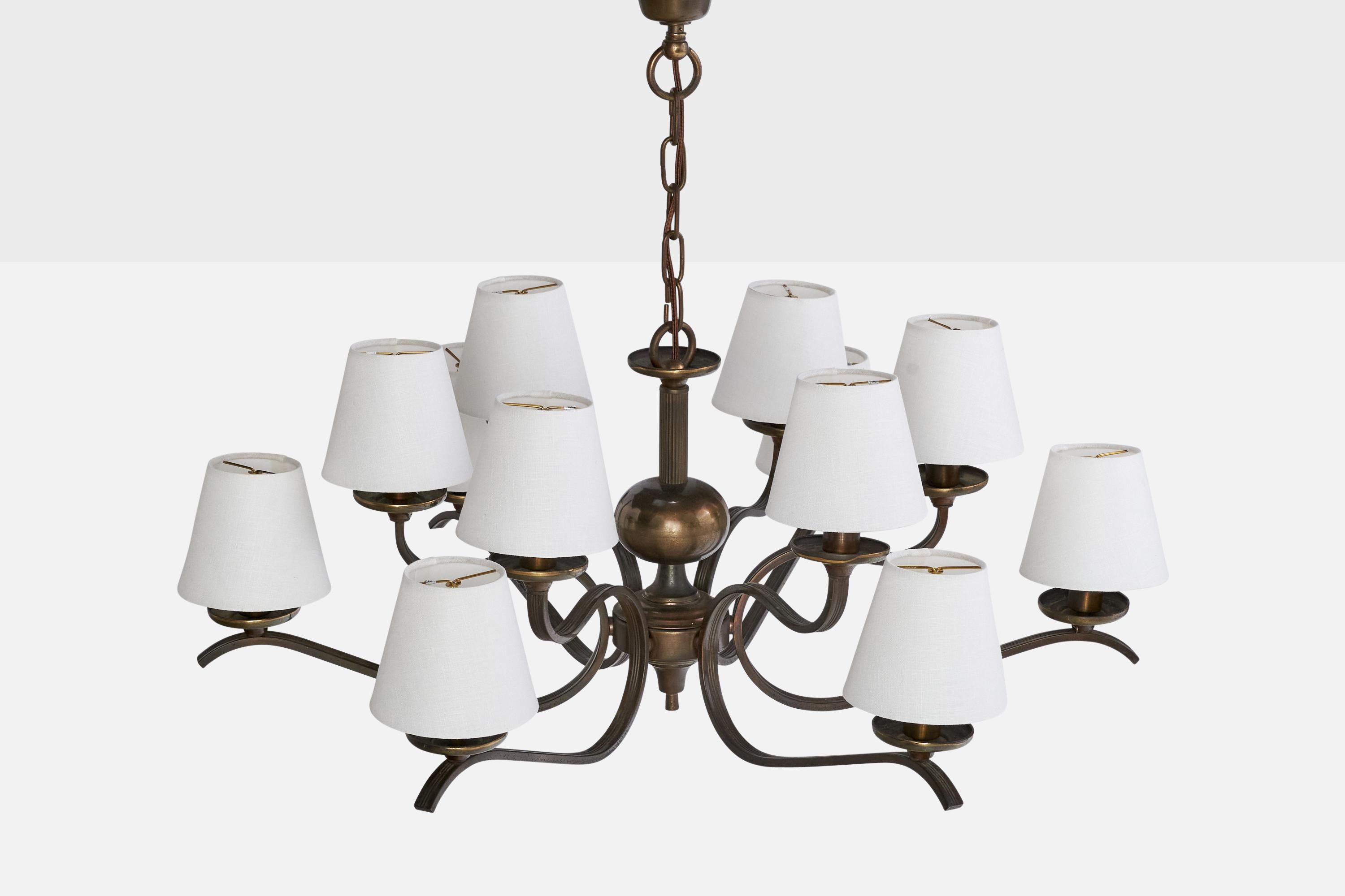 Mid-20th Century Italian Designer, Chandelier, Brass, Fabric, Italy, 1960s For Sale