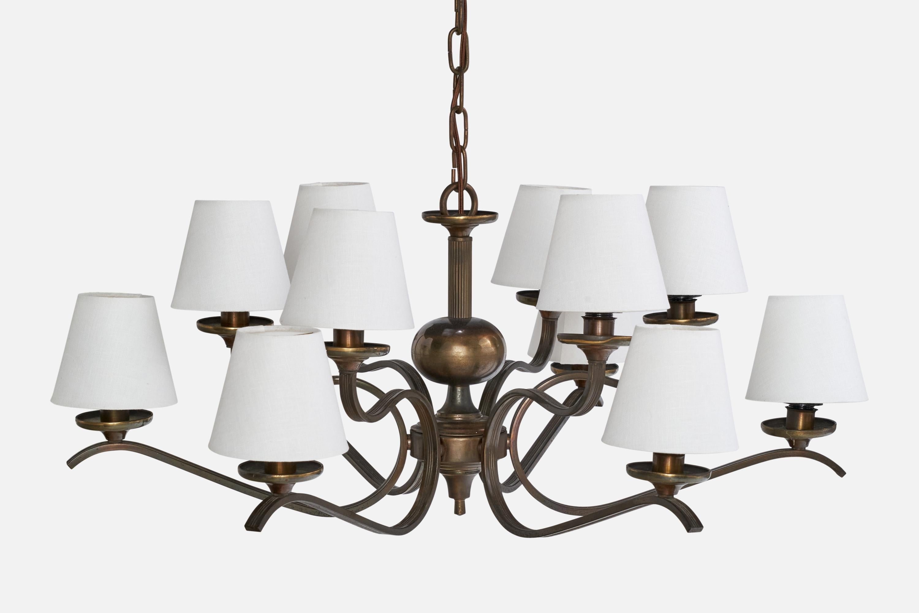 Italian Designer, Chandelier, Brass, Fabric, Italy, 1960s For Sale 1