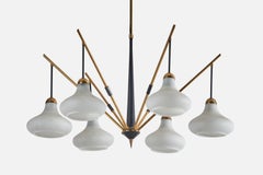 Italian Designer, Chandelier, Brass, Glass, Black Lacquer Metal, Italy, 1950s