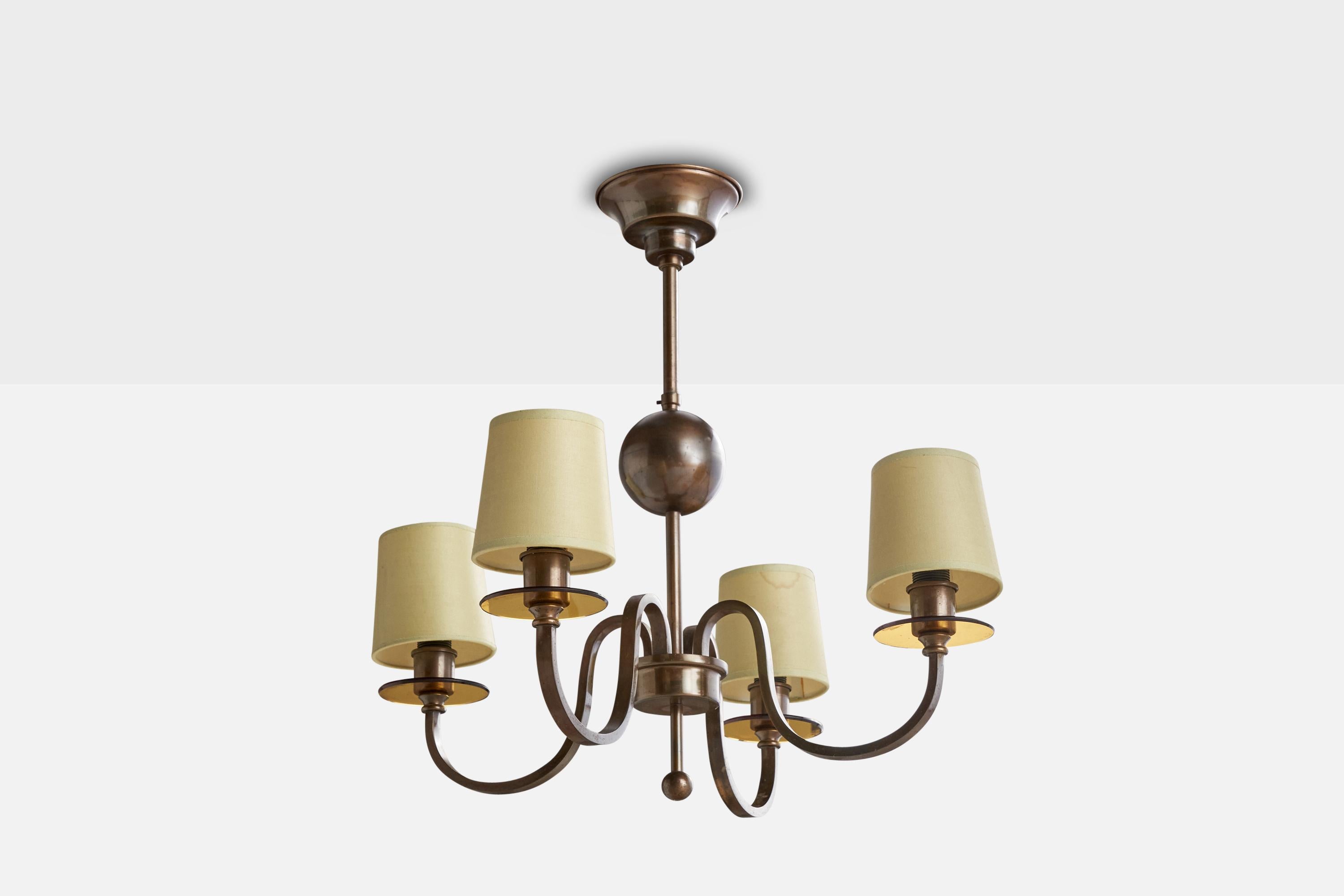 A brass, fabric and brown glass chandelier designed and produced in Italy, c. 1930s.

Dimensions of canopy (inches): 4.79” H x 2.98” Diameter
Socket takes standard E-12 bulbs. 4 socket.There is no maximum wattage stated on the fixture. All lighting