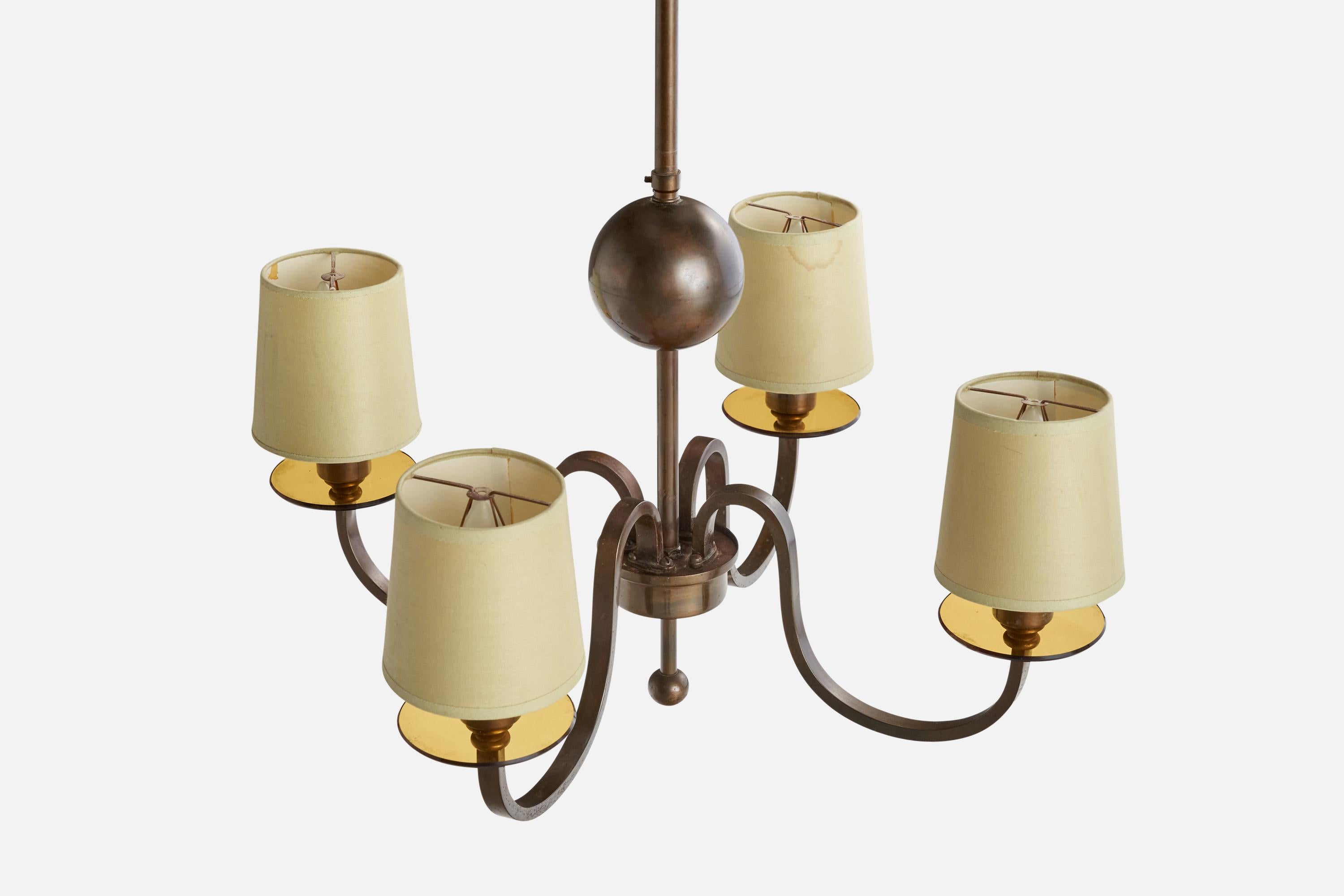 Mid-20th Century Italian Designer, Chandelier, Brass, Glass, Fabric, Italy, 1930s For Sale