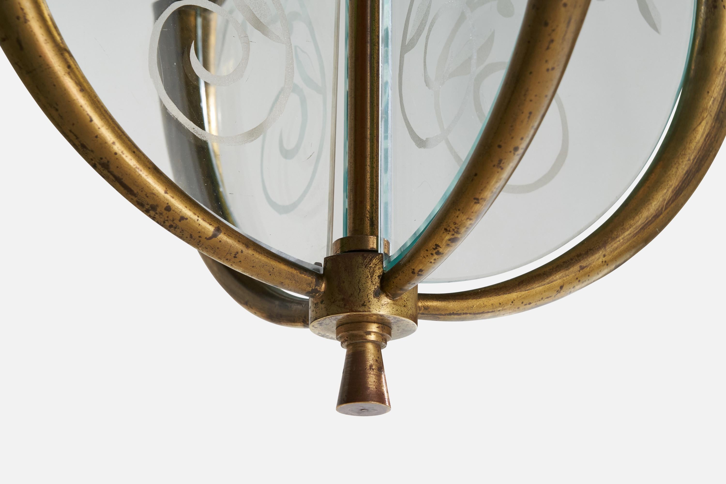 Lustre de designer italien, laiton, verre, Italie, années 1930 Bon état - En vente à High Point, NC
