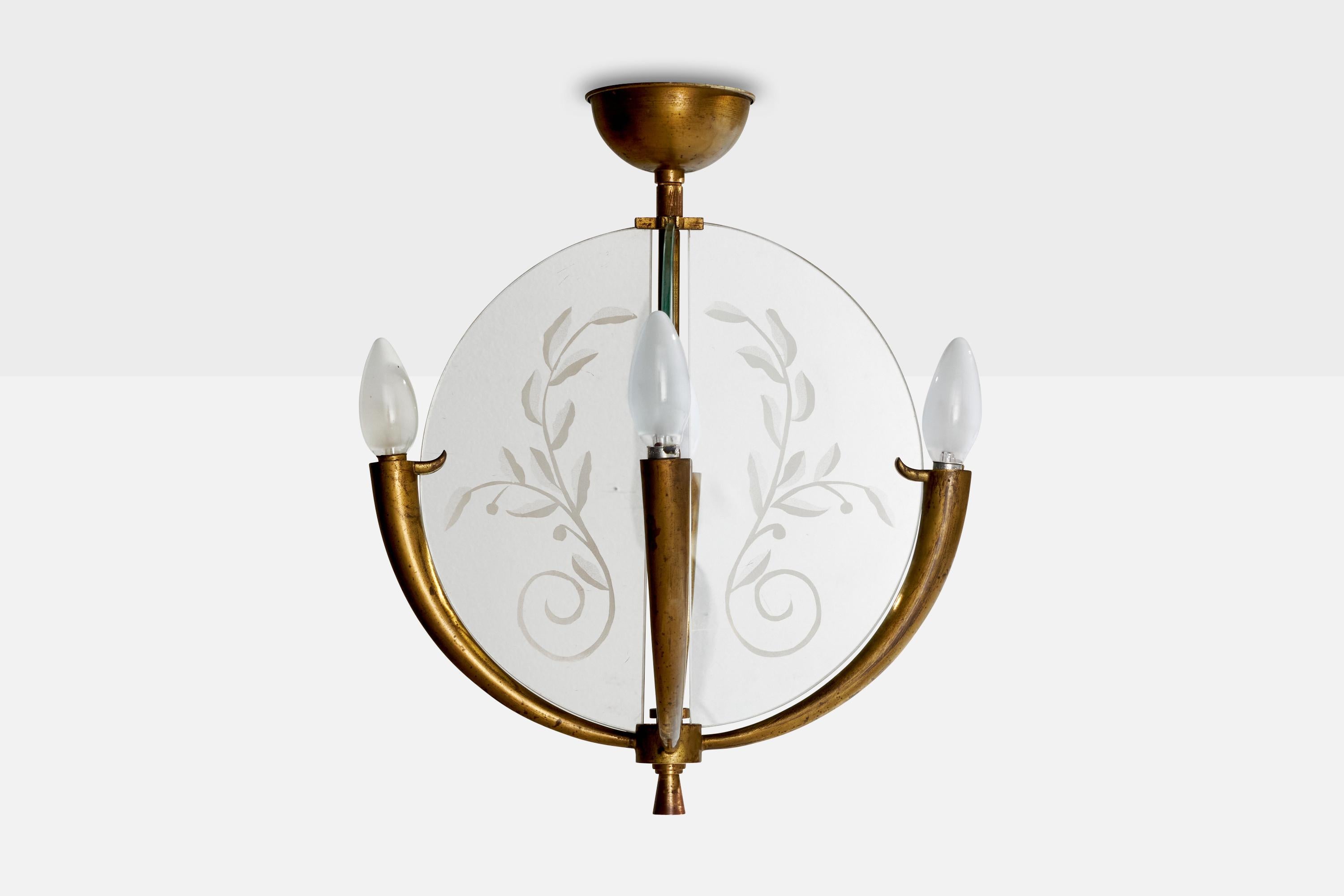 Laiton Lustre de designer italien, laiton, verre, Italie, années 1930 en vente