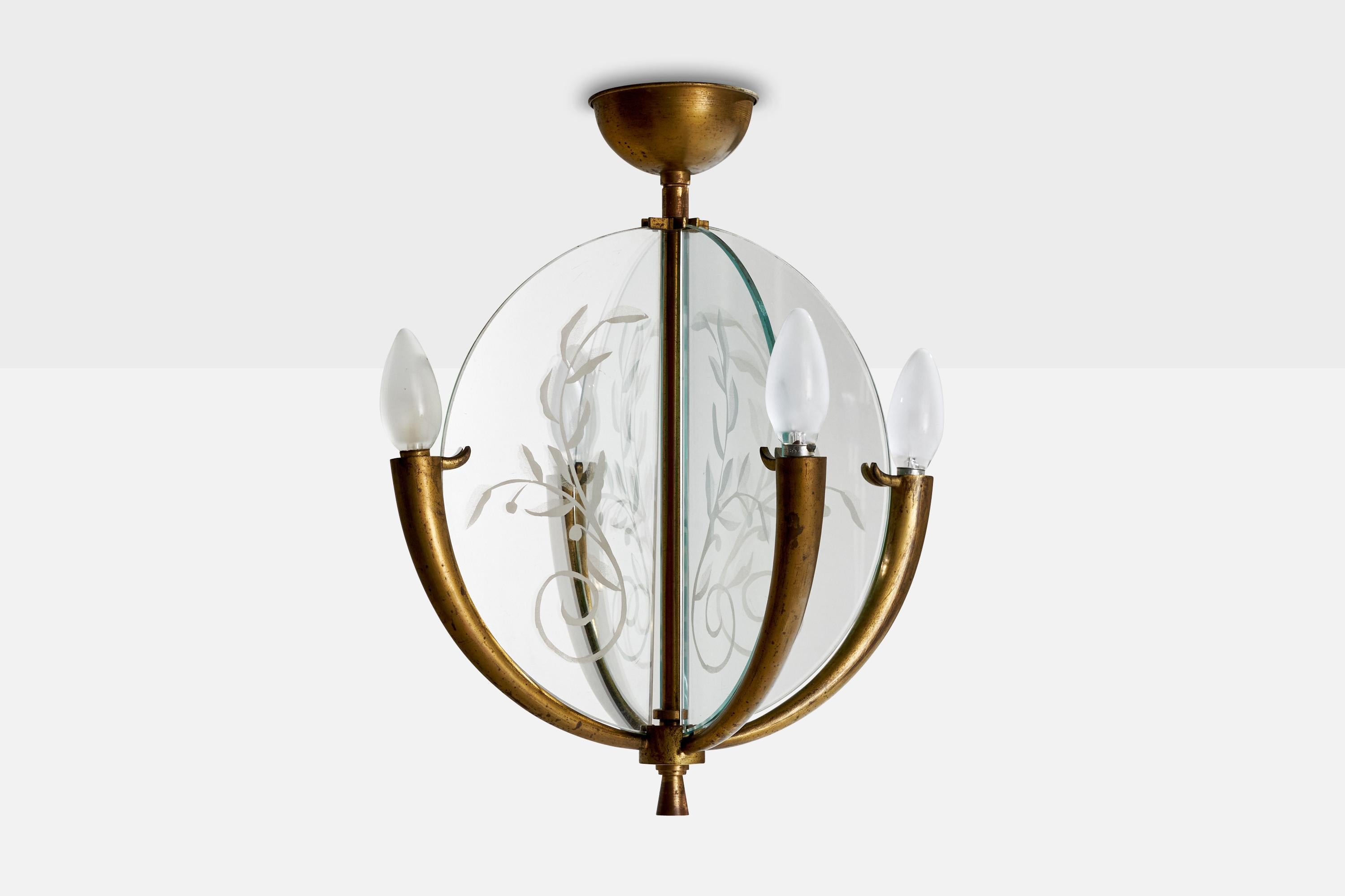 Lustre de designer italien, laiton, verre, Italie, années 1930 en vente 1