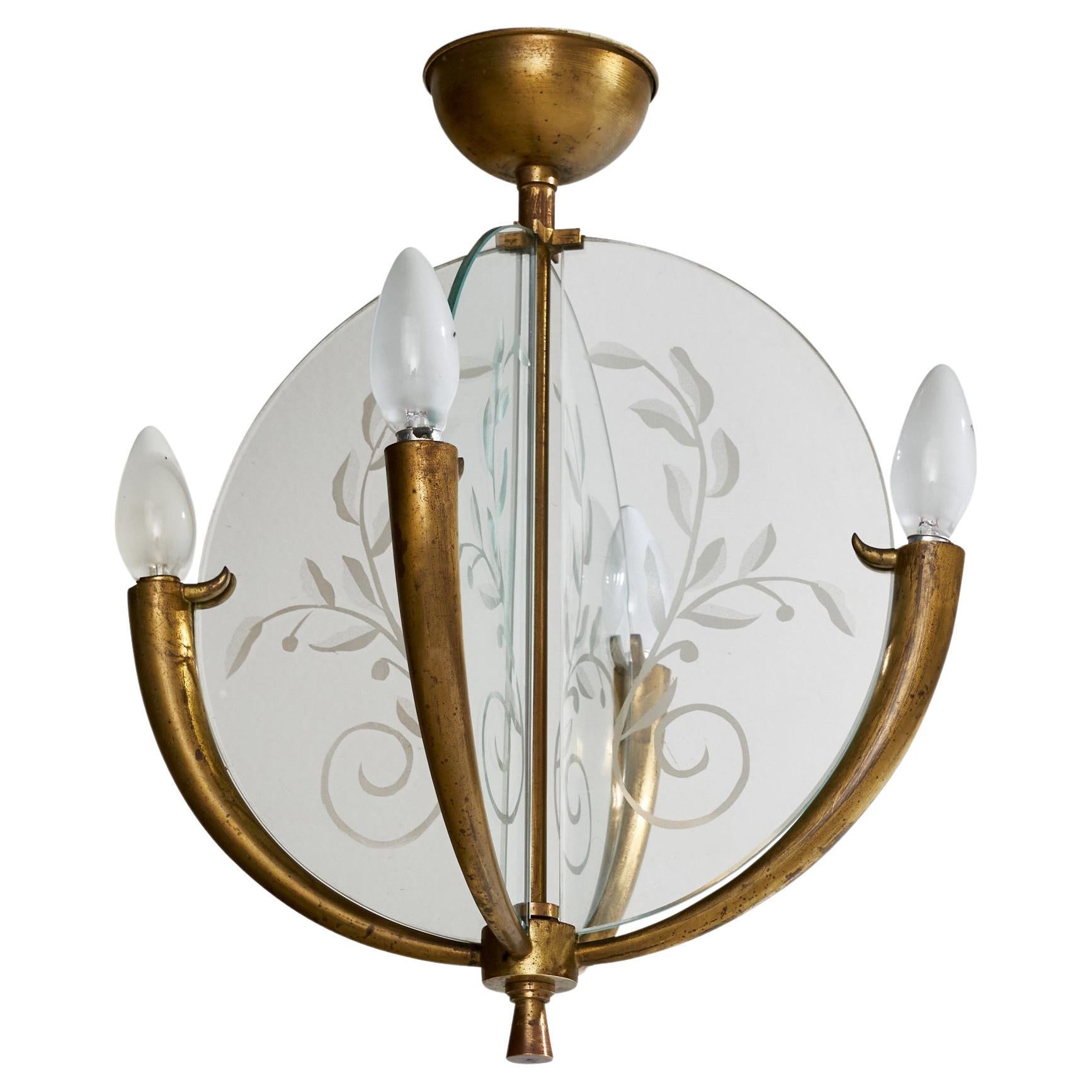 Lampadario di design italiano, ottone, vetro, Italia, anni '1930