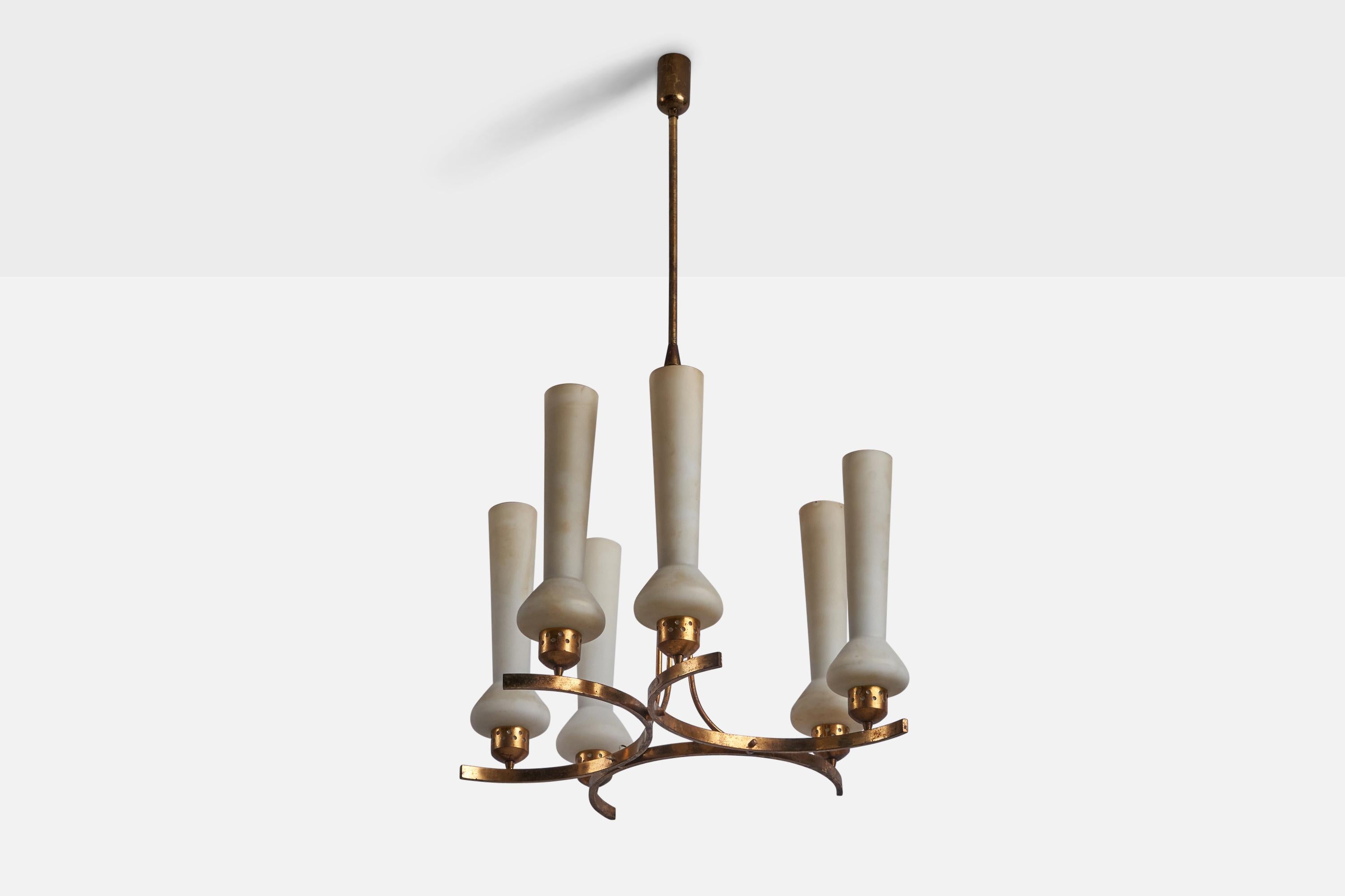 A brass and opaline glass chandelier designed and produced in Italy, 1940s.

Overall Dimensions (inches): 16