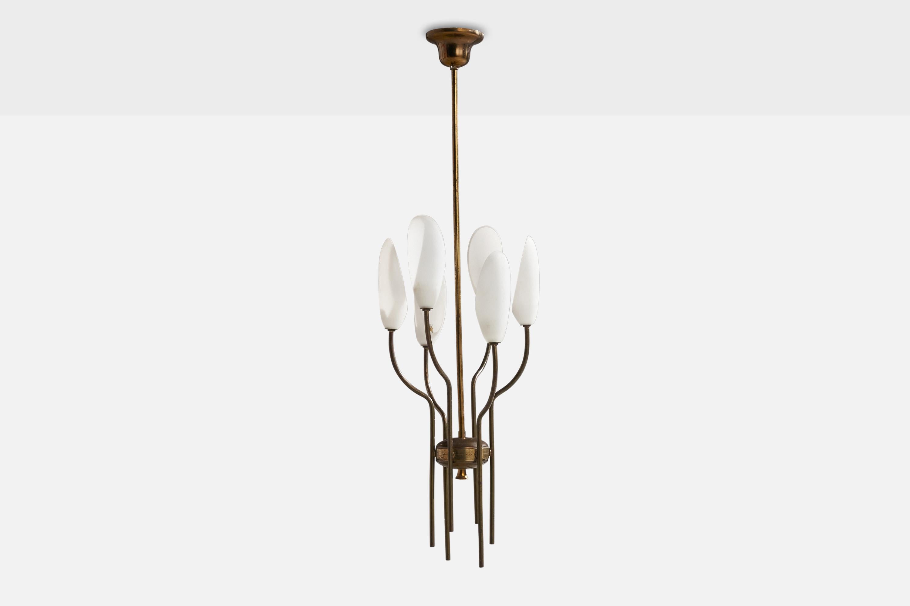 A brass and opaline glass chandelier designed and produced in Italy, 1940s.

Dimensions of canopy (inches): 2.5” H x 3.75”  Diameter
Socket takes standard E-14 bulbs. 6 sockets.There is no maximum wattage stated on the fixture. All lighting will be