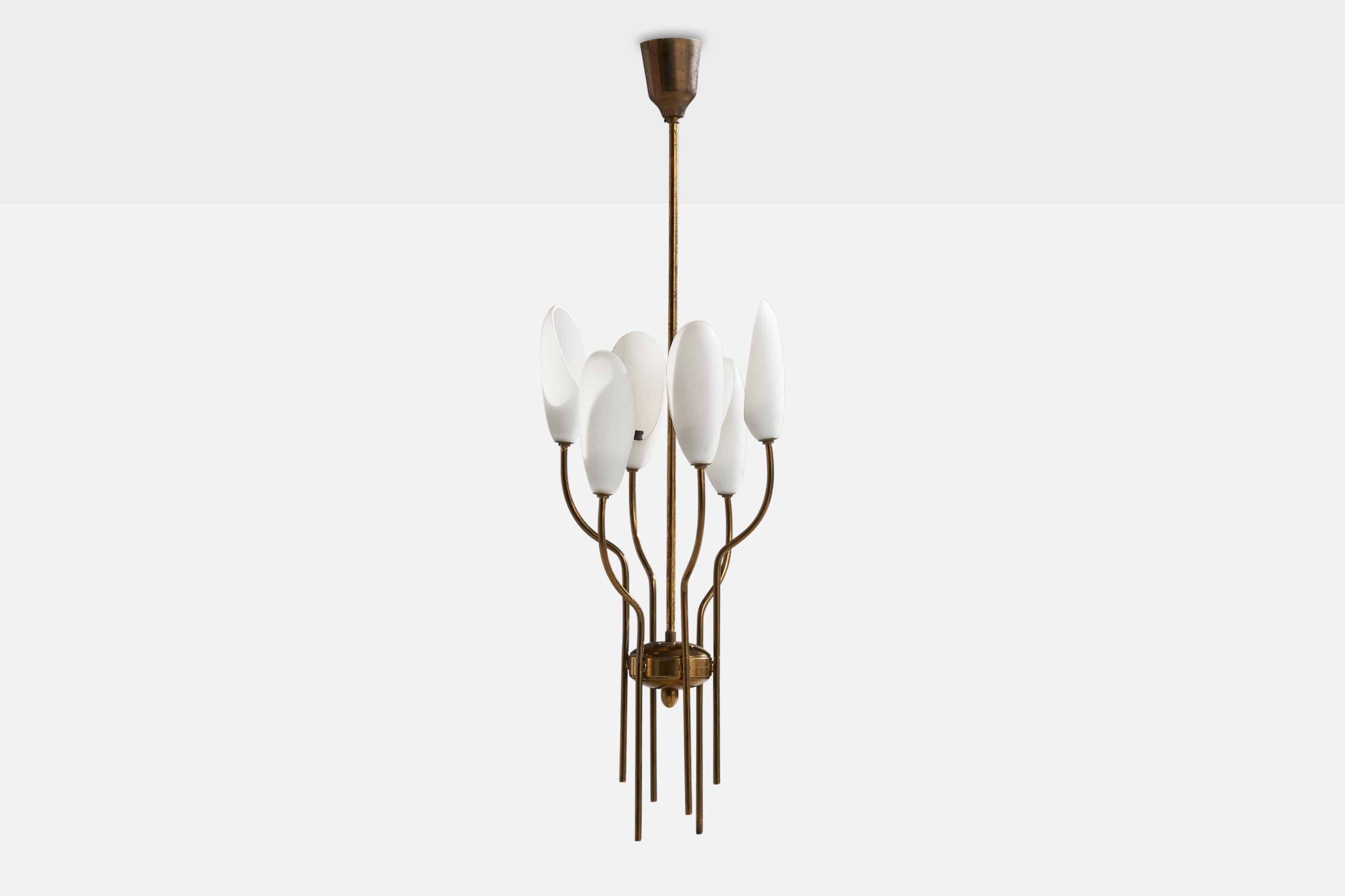 A brass and opaline glass chandelier designed and produced in Italy, 1940s.

Dimensions of canopy (inches): 3.50” H x 2.5” Diameter
Socket takes standard E-14 bulbs. 6 sockets.There is no maximum wattage stated on the fixture. All lighting will be