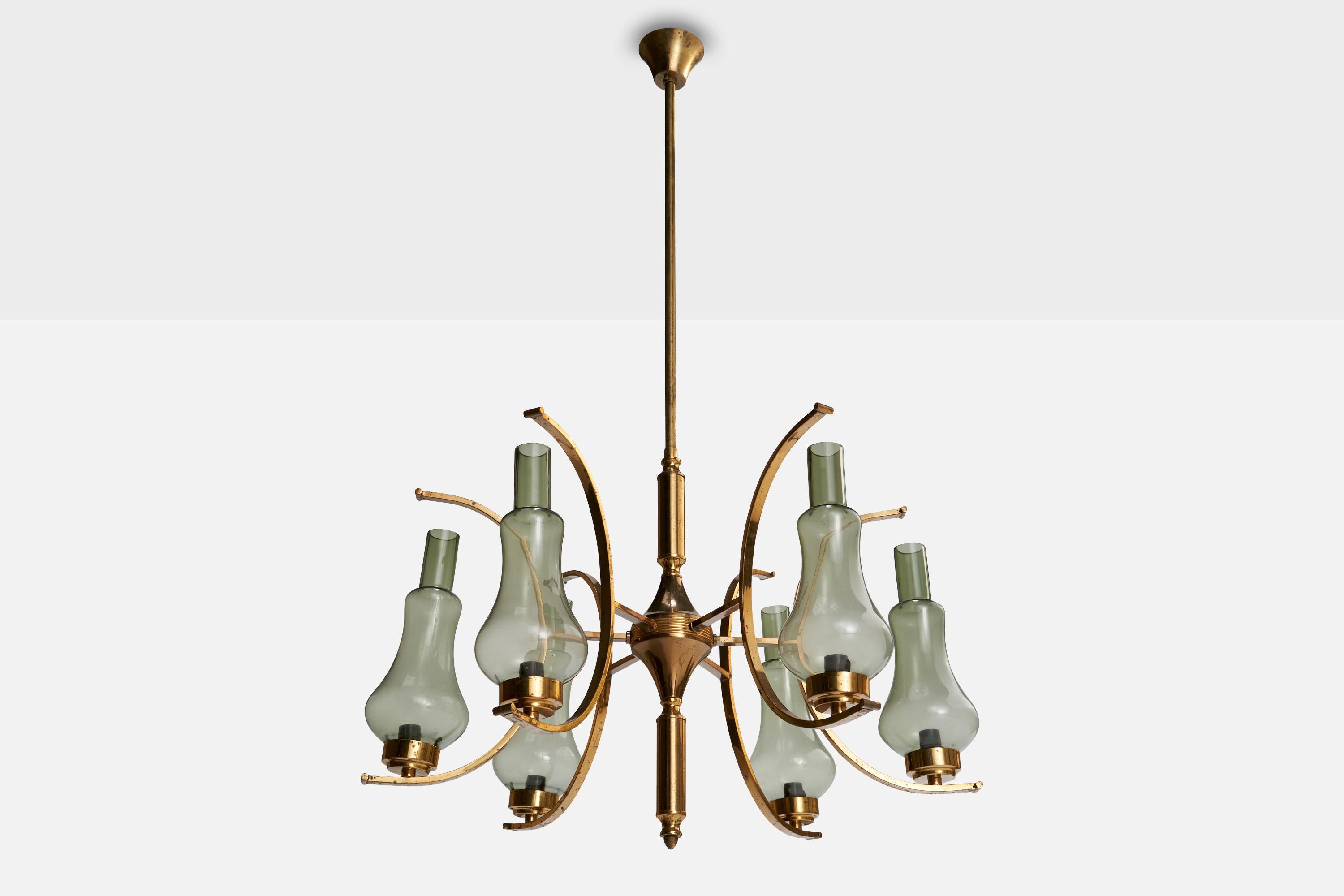 Lustre en laiton et en verre conçu et produit en Italie, C.C. 1940.

Dimensions globales (pouces) : 39.5