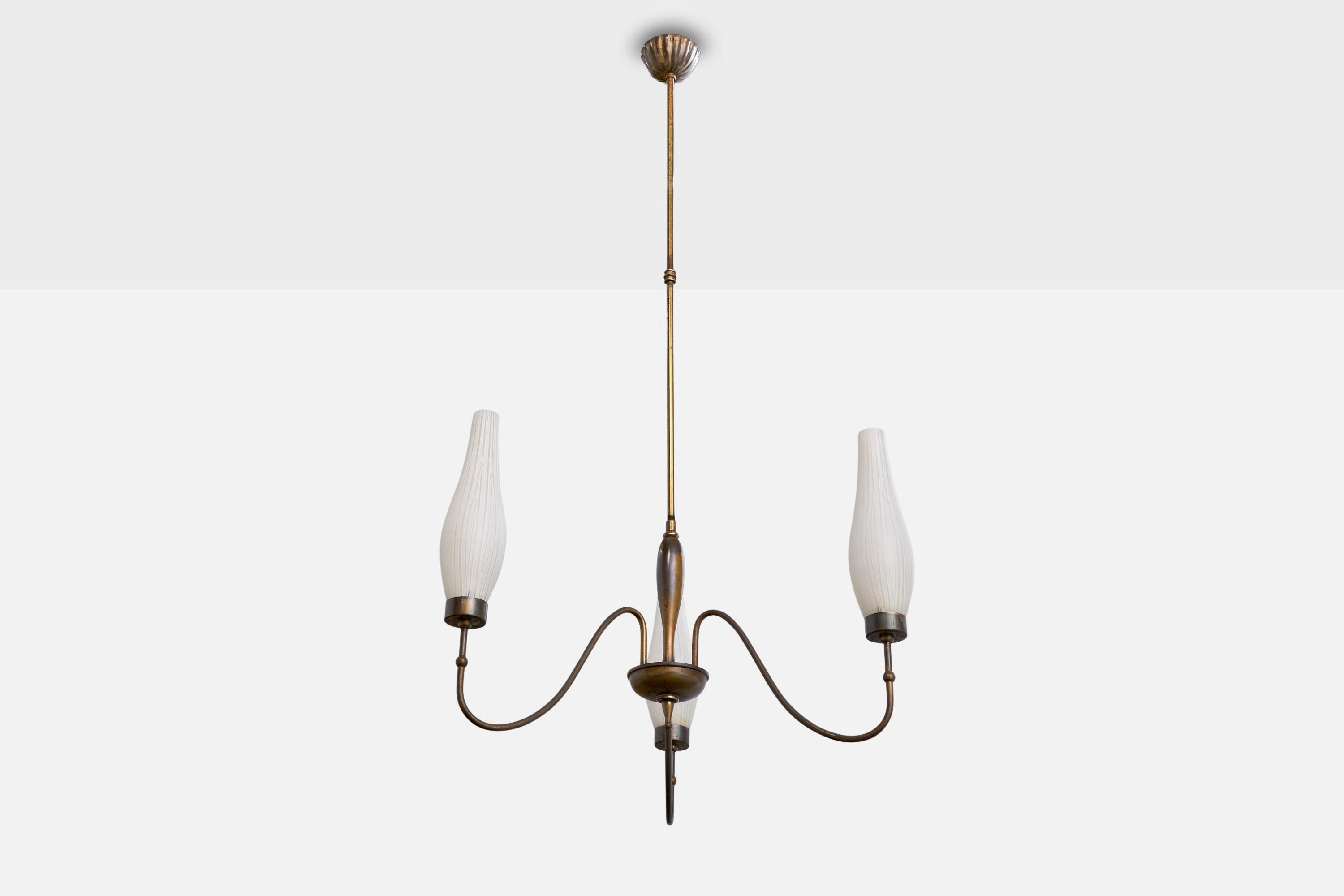 A brass and etched glass chandelier designed and produced in Italy, c. 1940s.

Overall Dimensions (inches): 40” H x 19” Diameter

Dimensions of Canopy: 1.75“ H x 3.25” Diameter 

Stem length: 26.5” H

Bulb Specifications: E-14

Number of Sockets: