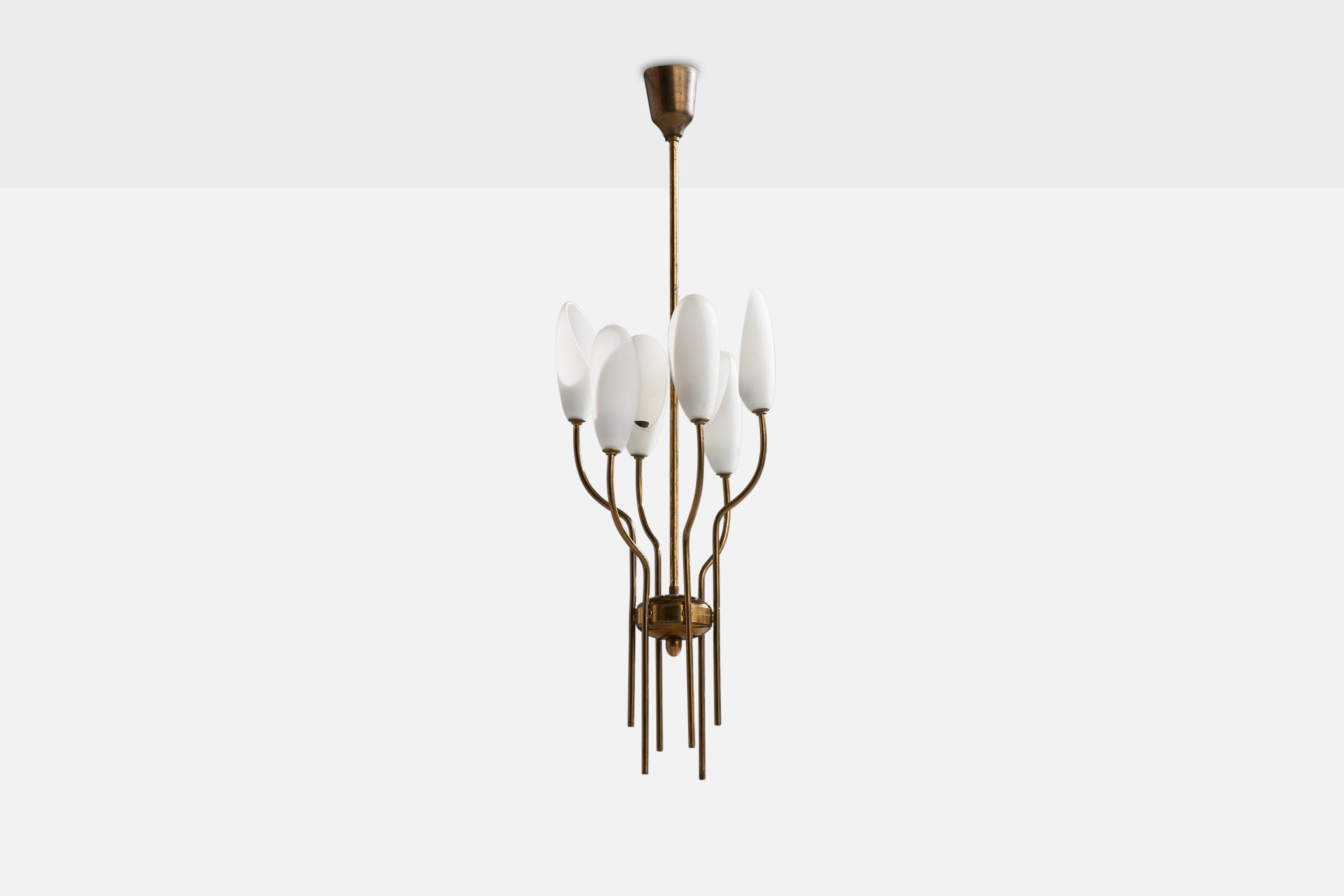 Mid-Century Modern Italian Designer, Chandelier, Brass, Glass, Italy, 1940s For Sale