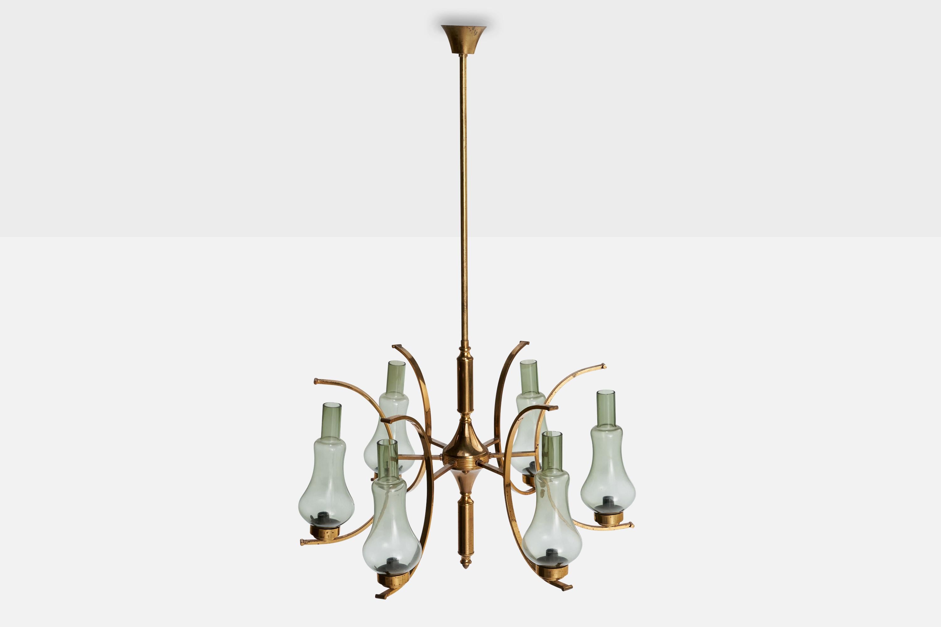 Milieu du XXe siècle Lustre de designer italien, laiton, verre, Italie, années 1940 en vente