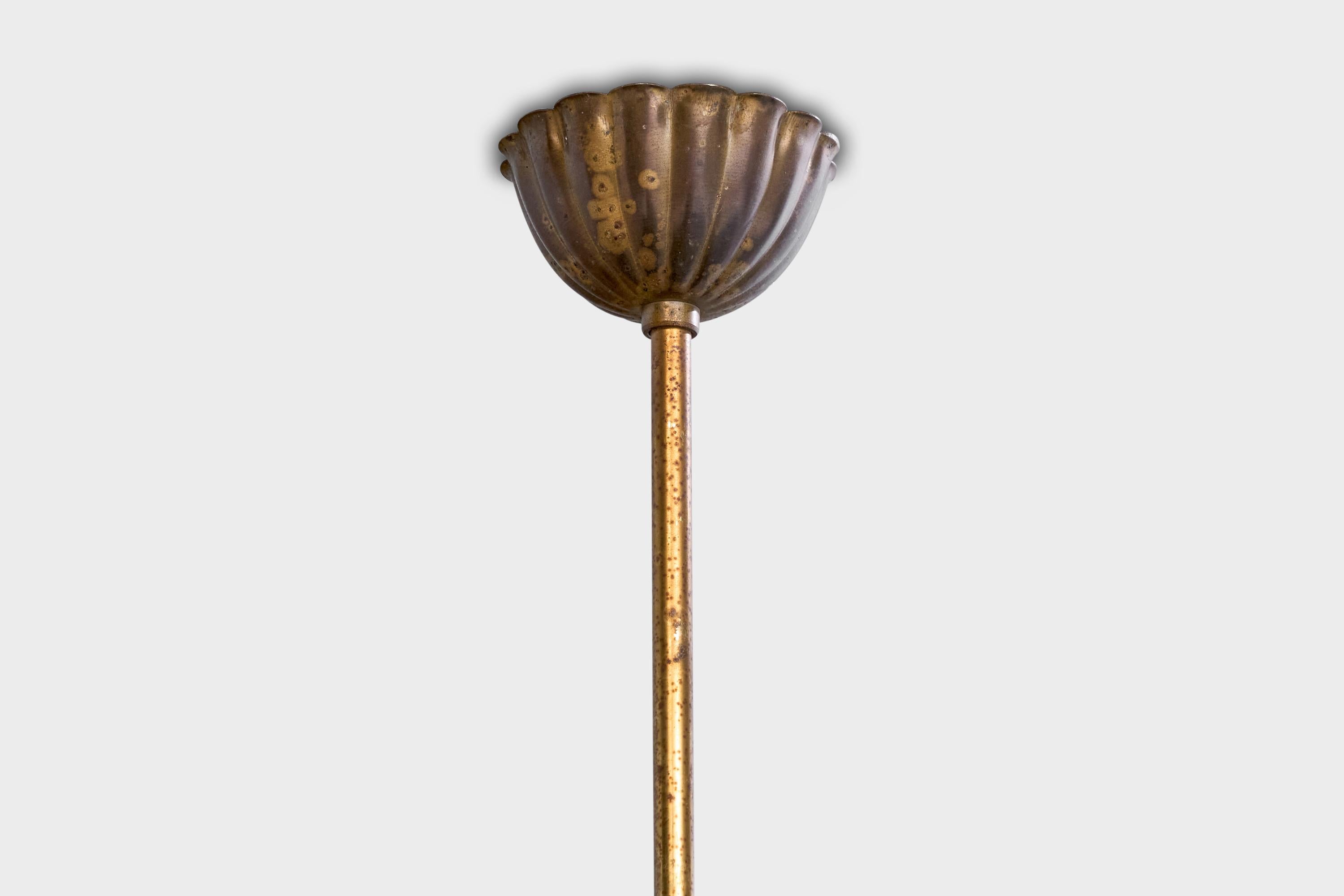 Mid-20th Century Italian Designer, Chandelier, Brass, Glass, Italy, 1940s For Sale