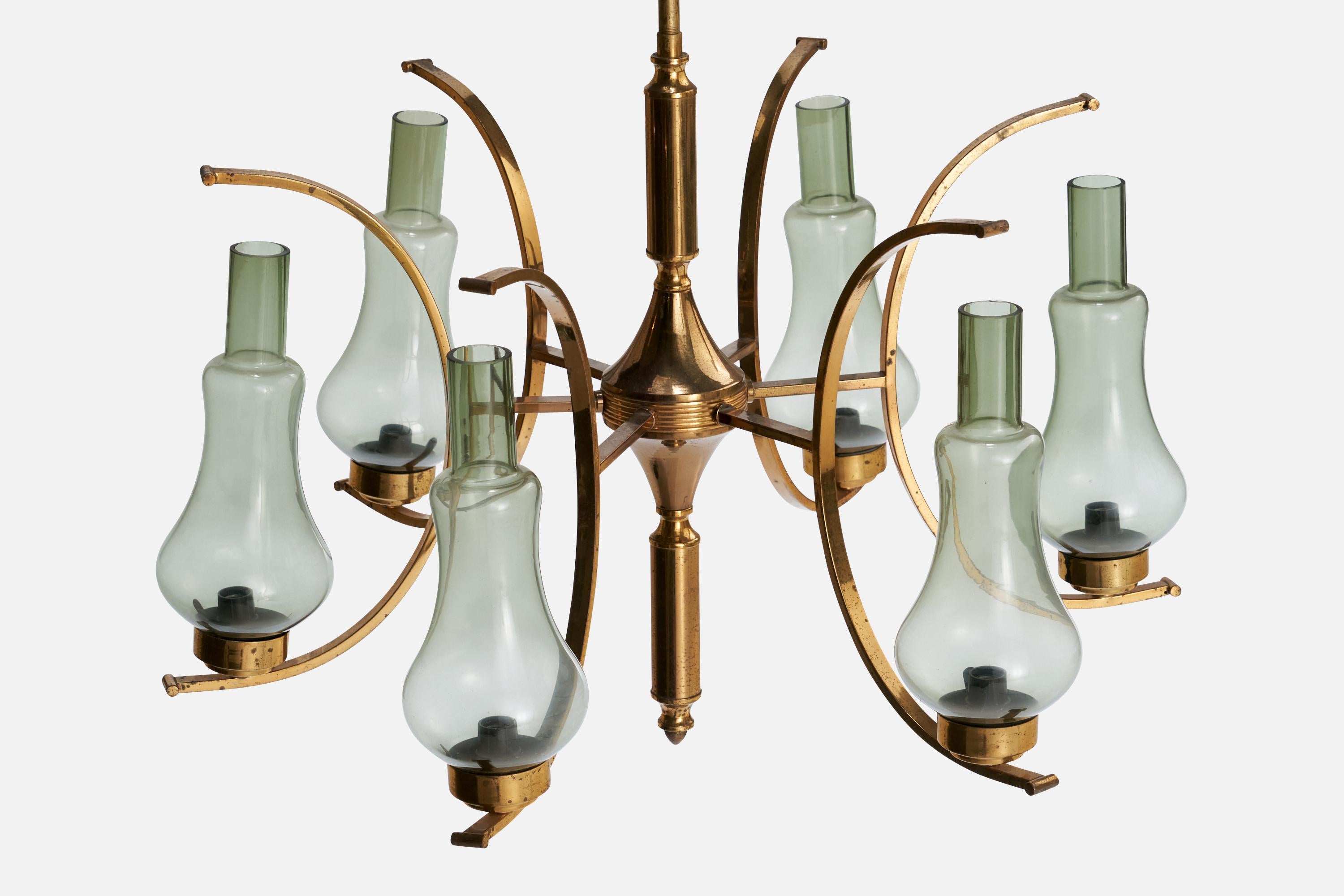 Laiton Lustre de designer italien, laiton, verre, Italie, années 1940 en vente