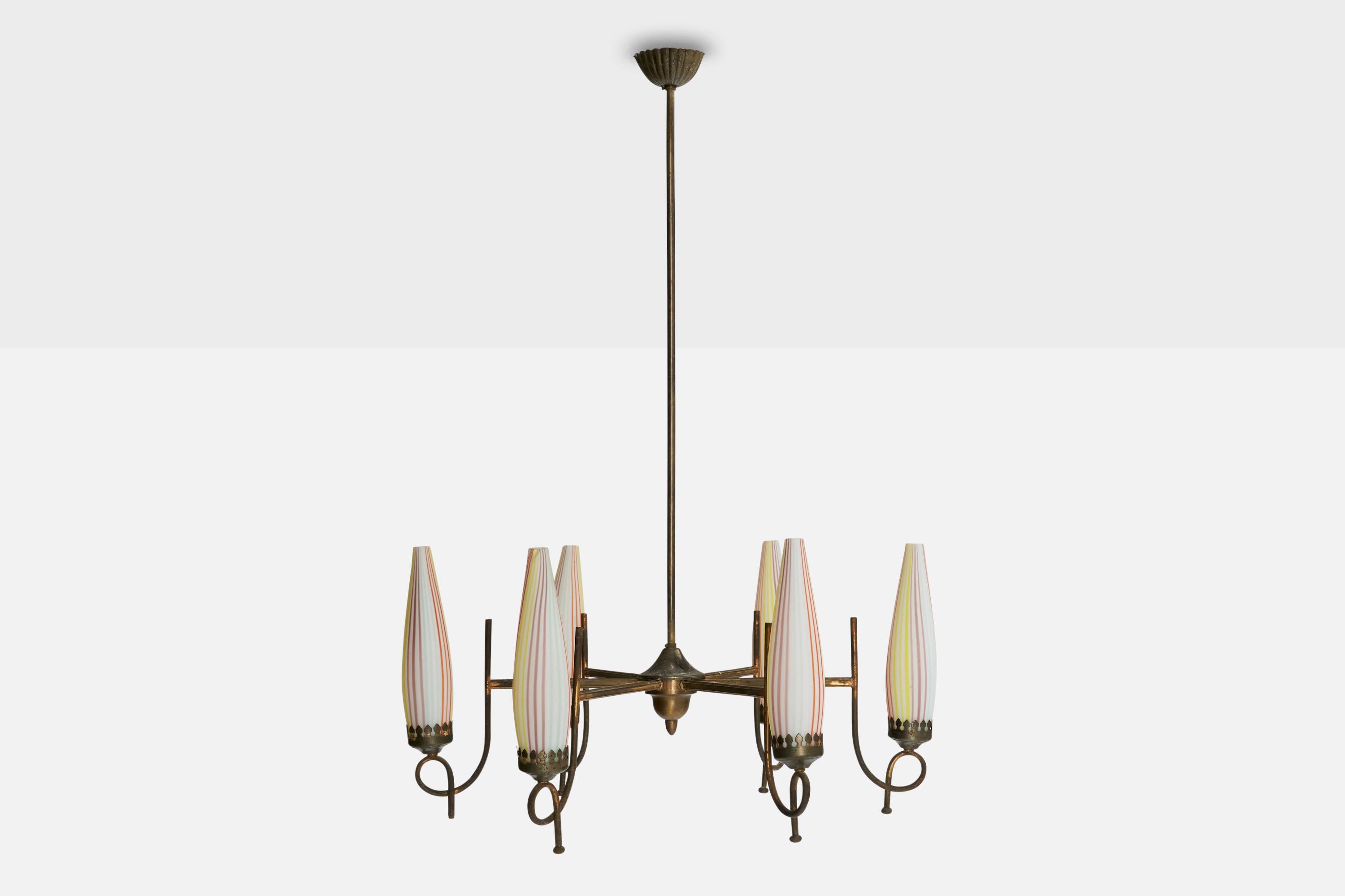 Laiton Lustre de designer italien, laiton, verre, Italie, années 1940 en vente