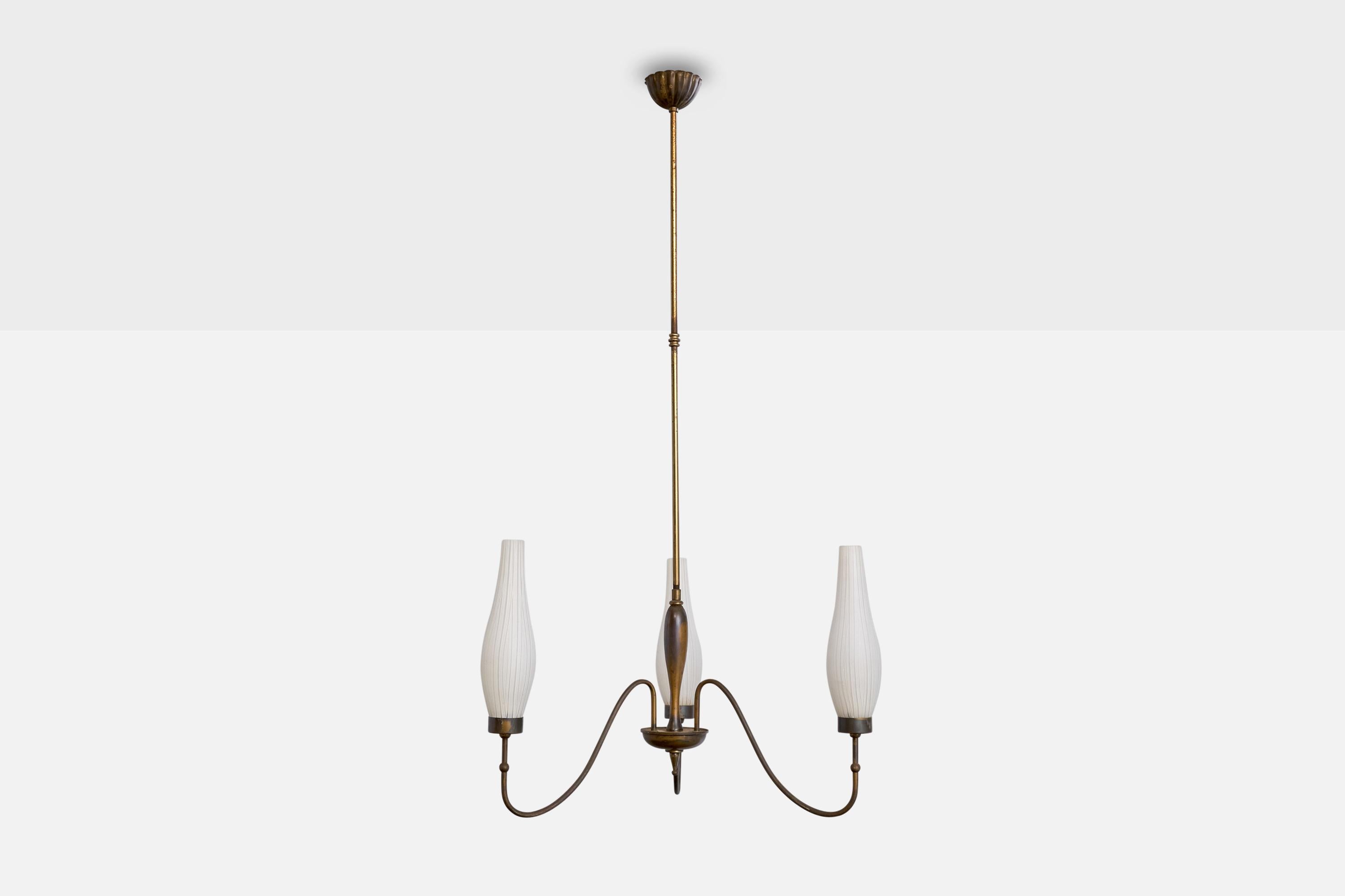 Italian Designer, Chandelier, Brass, Glass, Italy, 1940s For Sale 1