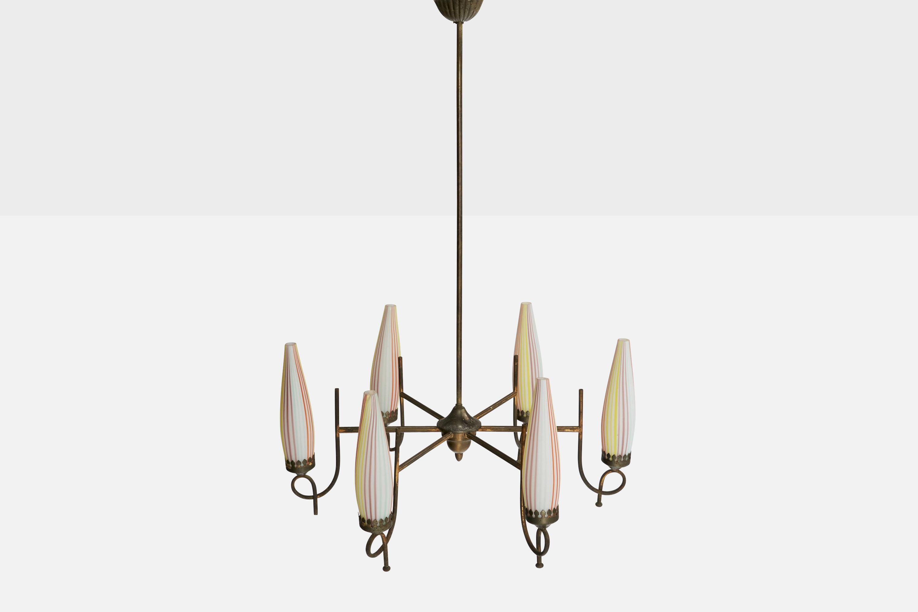 Lustre de designer italien, laiton, verre, Italie, années 1940 en vente 1