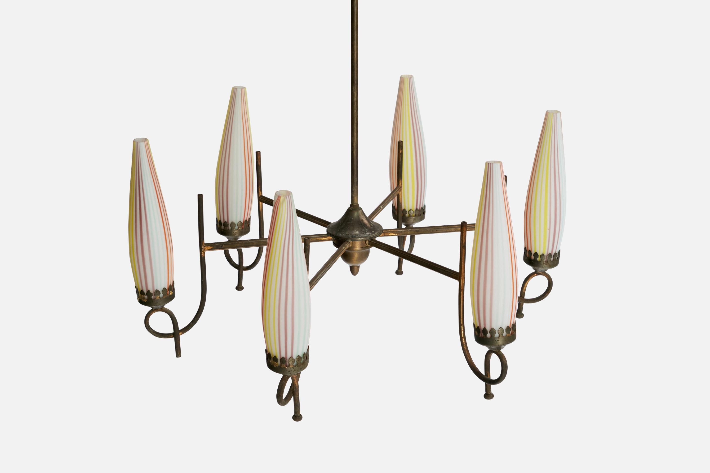 Lustre de designer italien, laiton, verre, Italie, années 1940 en vente 2