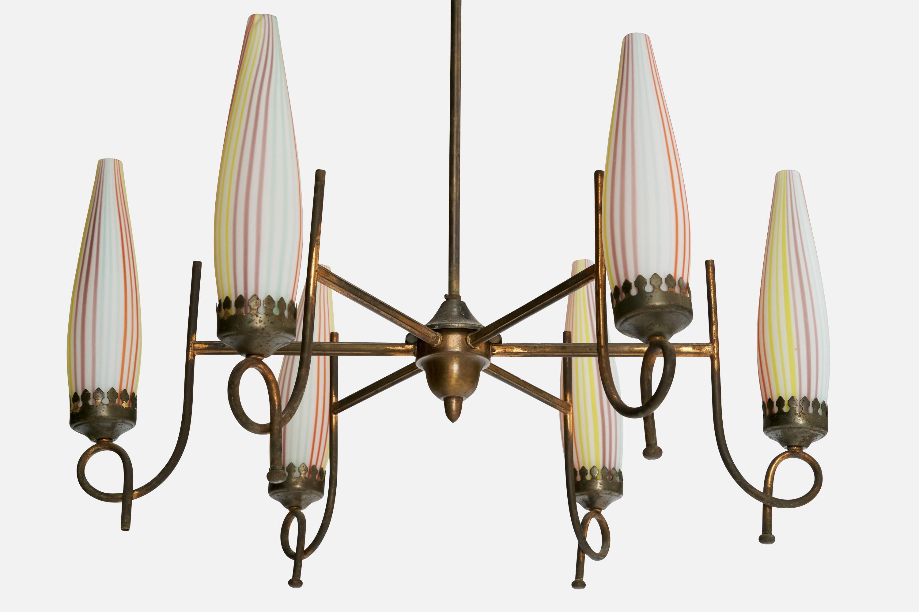 Lustre de designer italien, laiton, verre, Italie, années 1940 en vente 4