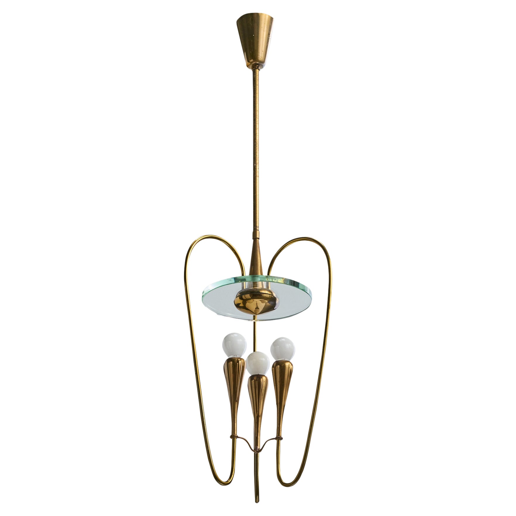 Lampadario di design italiano, ottone, vetro, Italia, anni 
1940