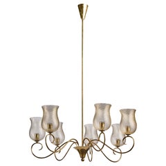 Italian Designer, Chandelier, Brass, Glass, Italy, 1940s
