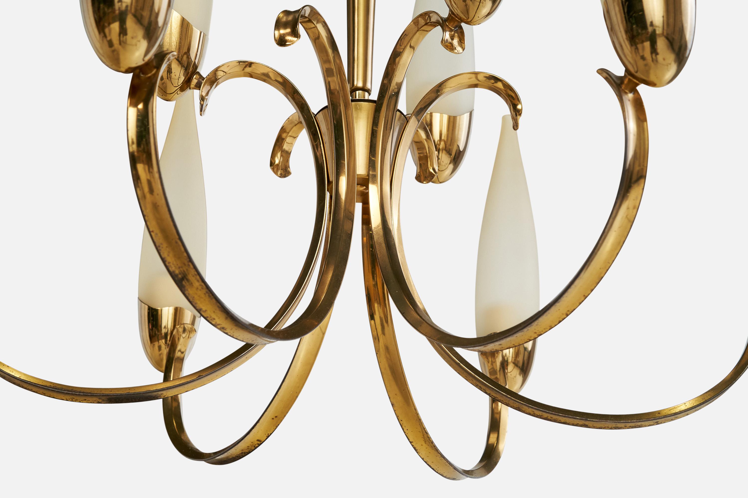 Italian Designer, Chandelier, Brass, Glass, Italy, 1950s For Sale 6