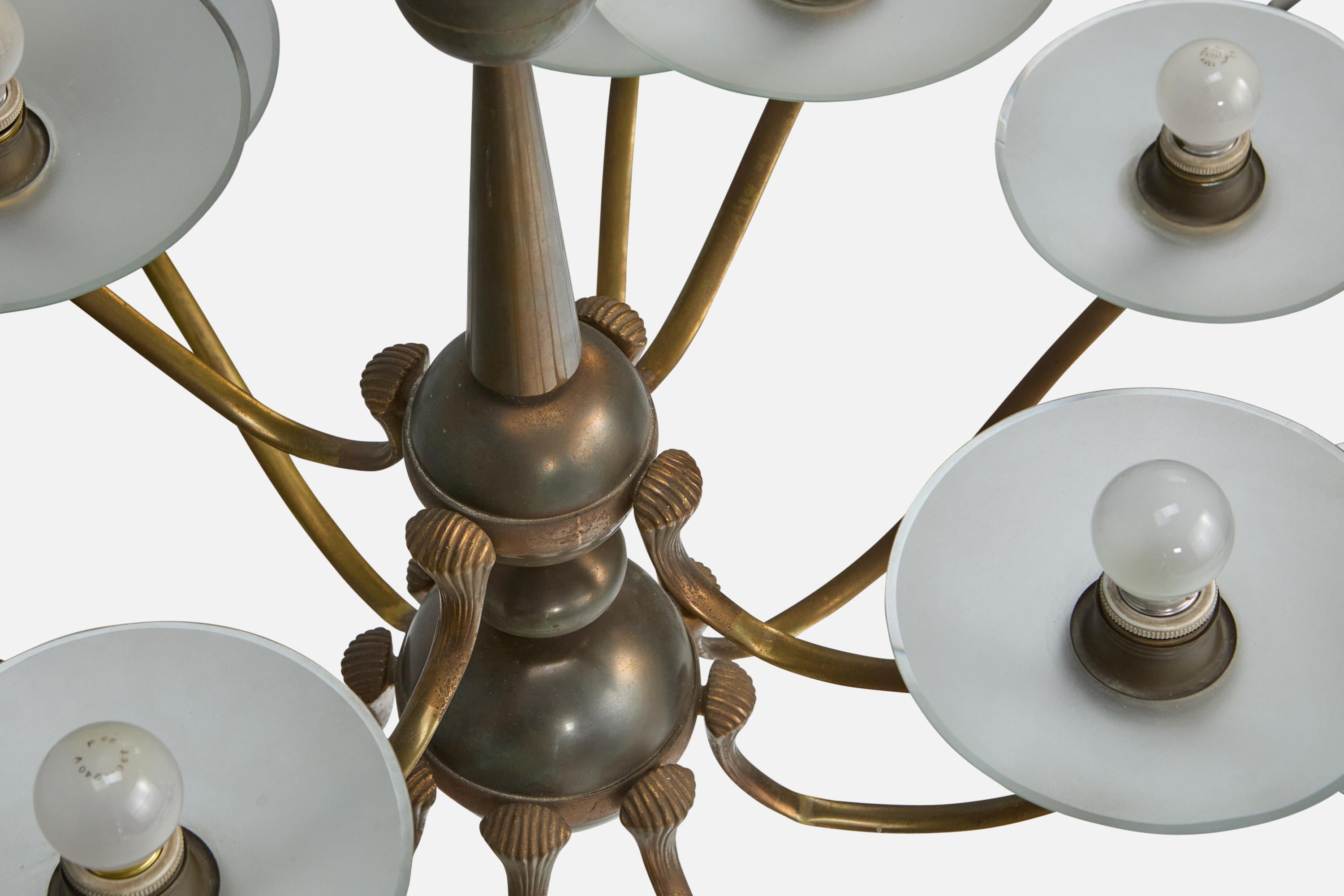 Italian Designer, Chandelier, Brass, Glass, Italy, 1950s For Sale 5