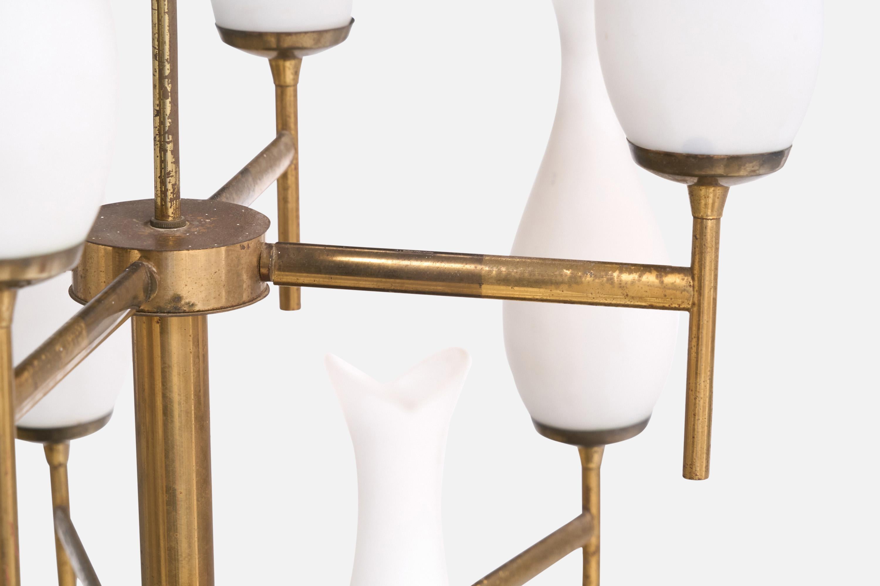 Italian Designer, Chandelier, Brass, Glass, Italy, 1950s For Sale 7