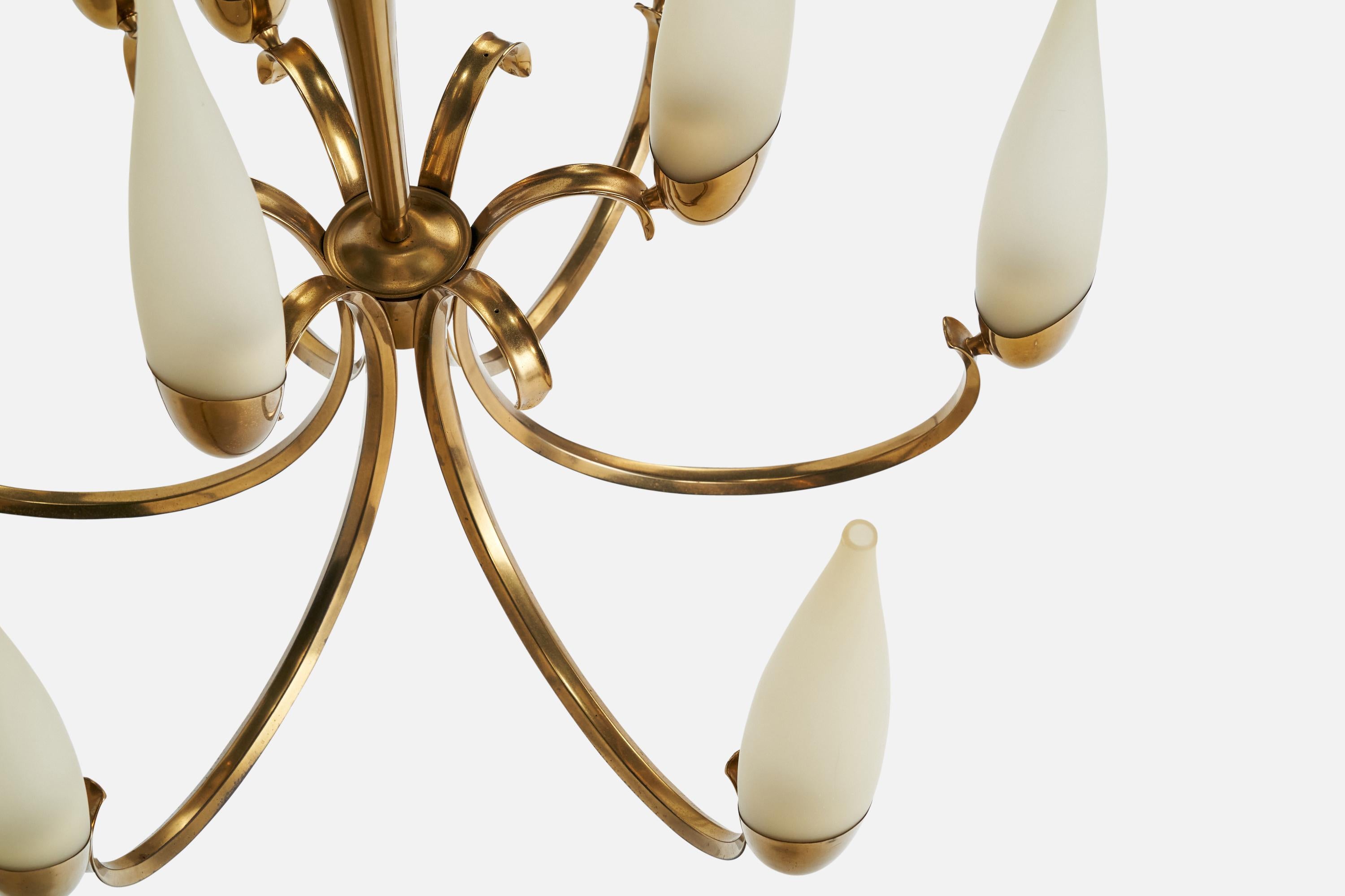 Italian Designer, Chandelier, Brass, Glass, Italy, 1950s For Sale 9