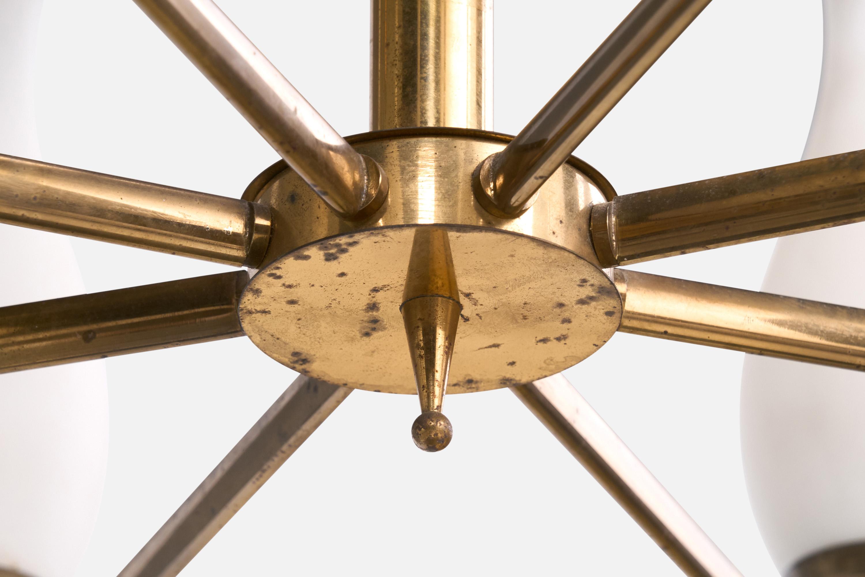 Italian Designer, Chandelier, Brass, Glass, Italy, 1950s For Sale 8