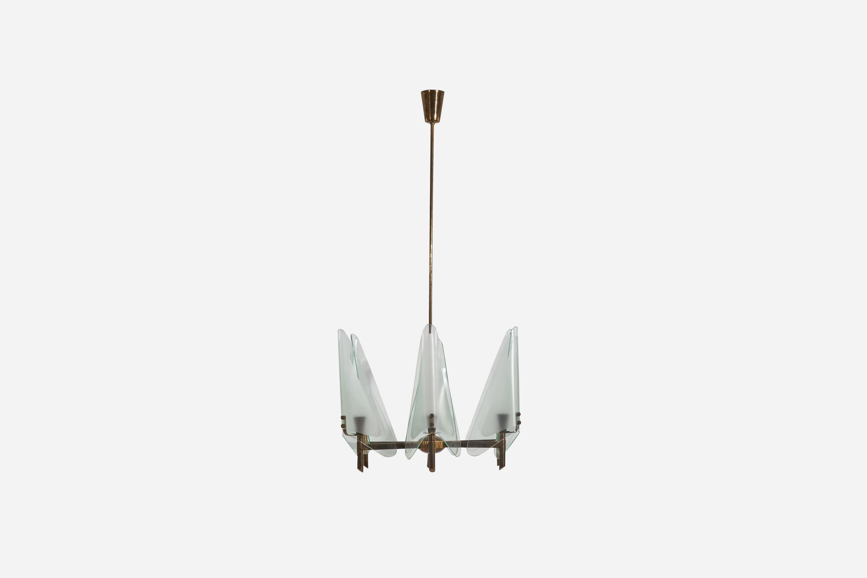 A brass and glass chandelier designed and produced in Italy, 1950s.

Socket takes E-14 bulb.

There is no maximum wattage stated on the fixture.

Dimensions of Canopy (inches) : 3.72 x 2.9 x 2.9 (Height x Width x Depth).