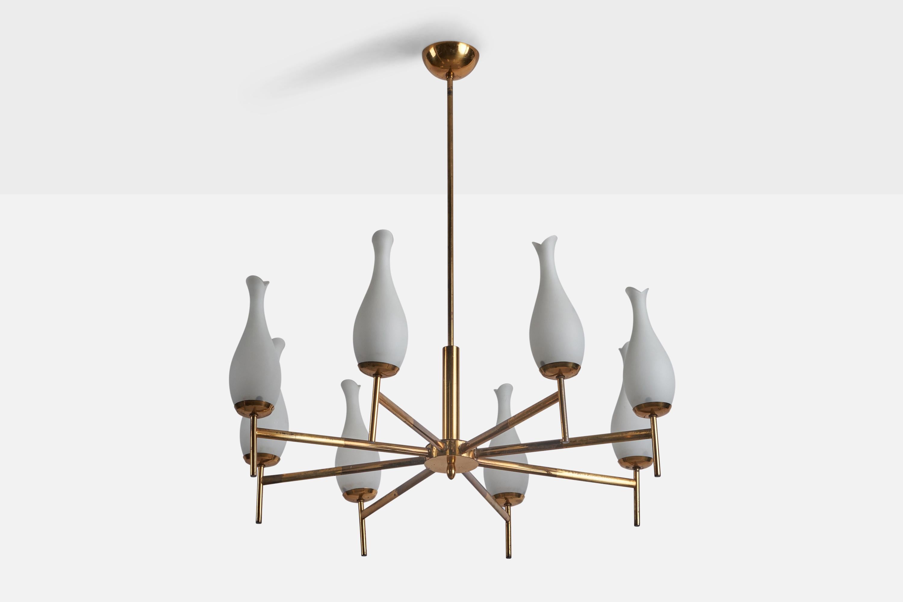 An eight-armed brass and opaline glass chandelier designed and produced in Italy, c. 1950s.

Overall Dimensions (inches): 30.5” H x 29” Diameter
Bulb Specifications: E-14 Bulb
Number of Sockets: 8