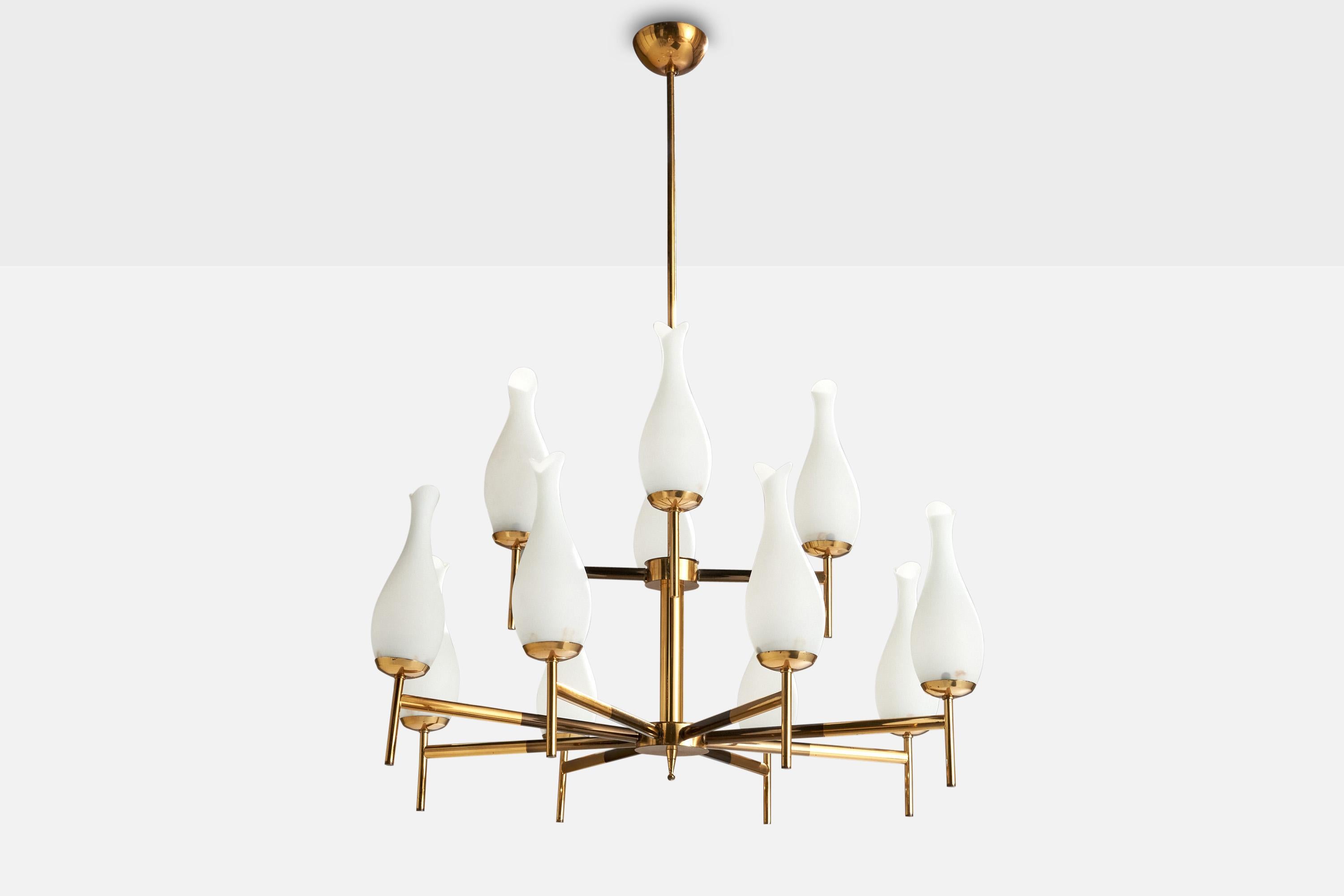 A sizable brass and opaline glass chandelier designed and produced in Italy, c. 1950s.

Dimensions of canopy (inches): 3.25” H x 2.9” Diameter

Socket takes standard E-14 bulbs. 12 sockets.There is no maximum wattage stated on the fixture. All