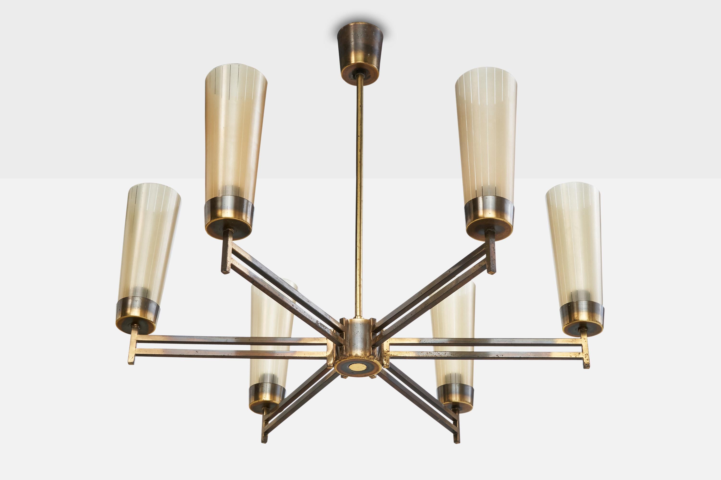 A brass and etched glass chandelier designed and produced in Italy, c. 1950s.

The brass stem presents with moderate oxidation.

Overall Dimensions (inches): 23” H x 24.5” Diameter

Dimensions of Canopy: 2.625“ H x 2.625” Diameter 

Stem length:
