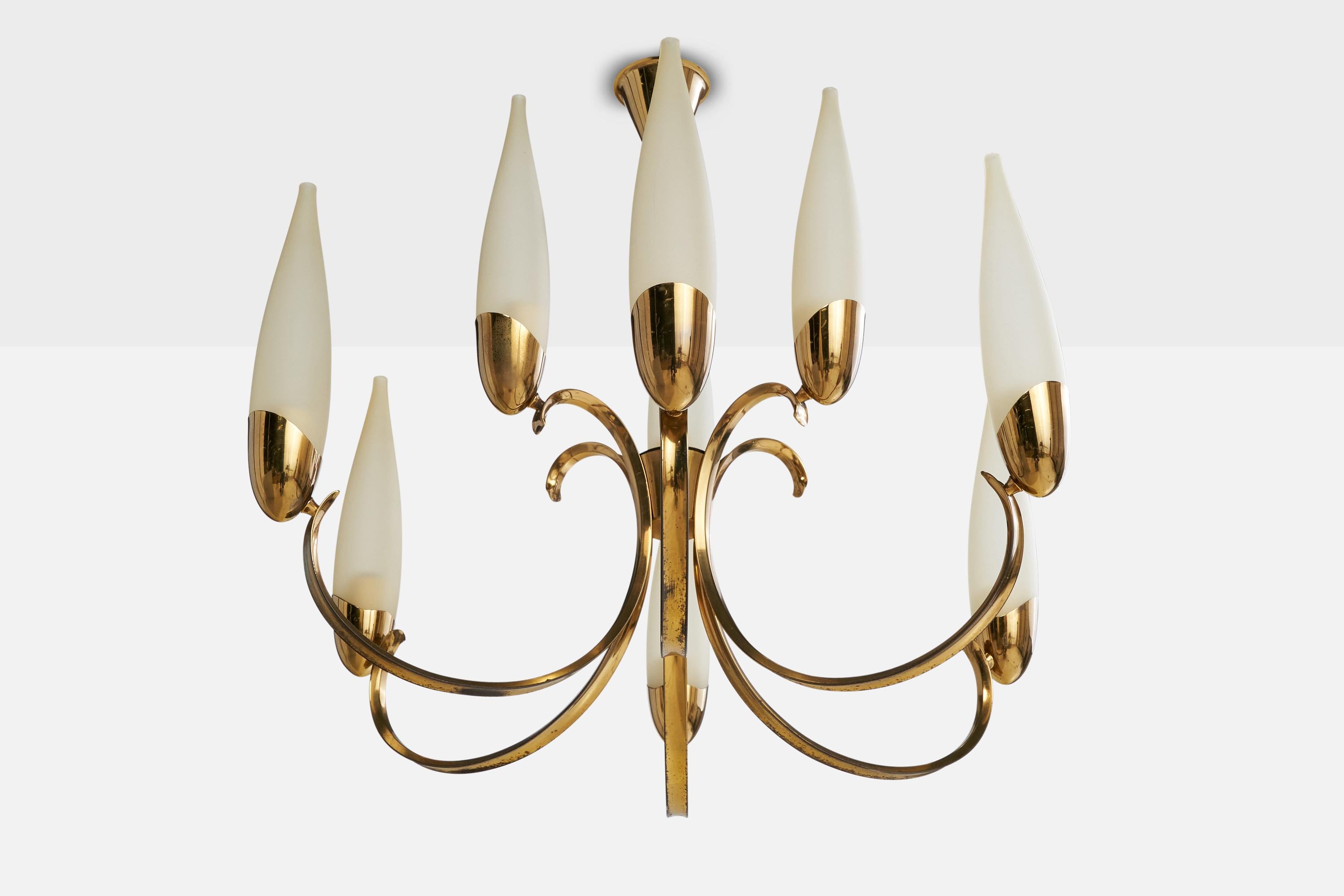 A brass and white opaline glass chandelier designed and produced in Italy, c. 1950s.

Overall Dimensions (inches): 24.5” H x 25” W x 27” D

Dimensions of Canopy: 3.15“ H x 3.4” Diameter 

Stem length: 5” H

Bulb Specifications: E-14 candle

Number