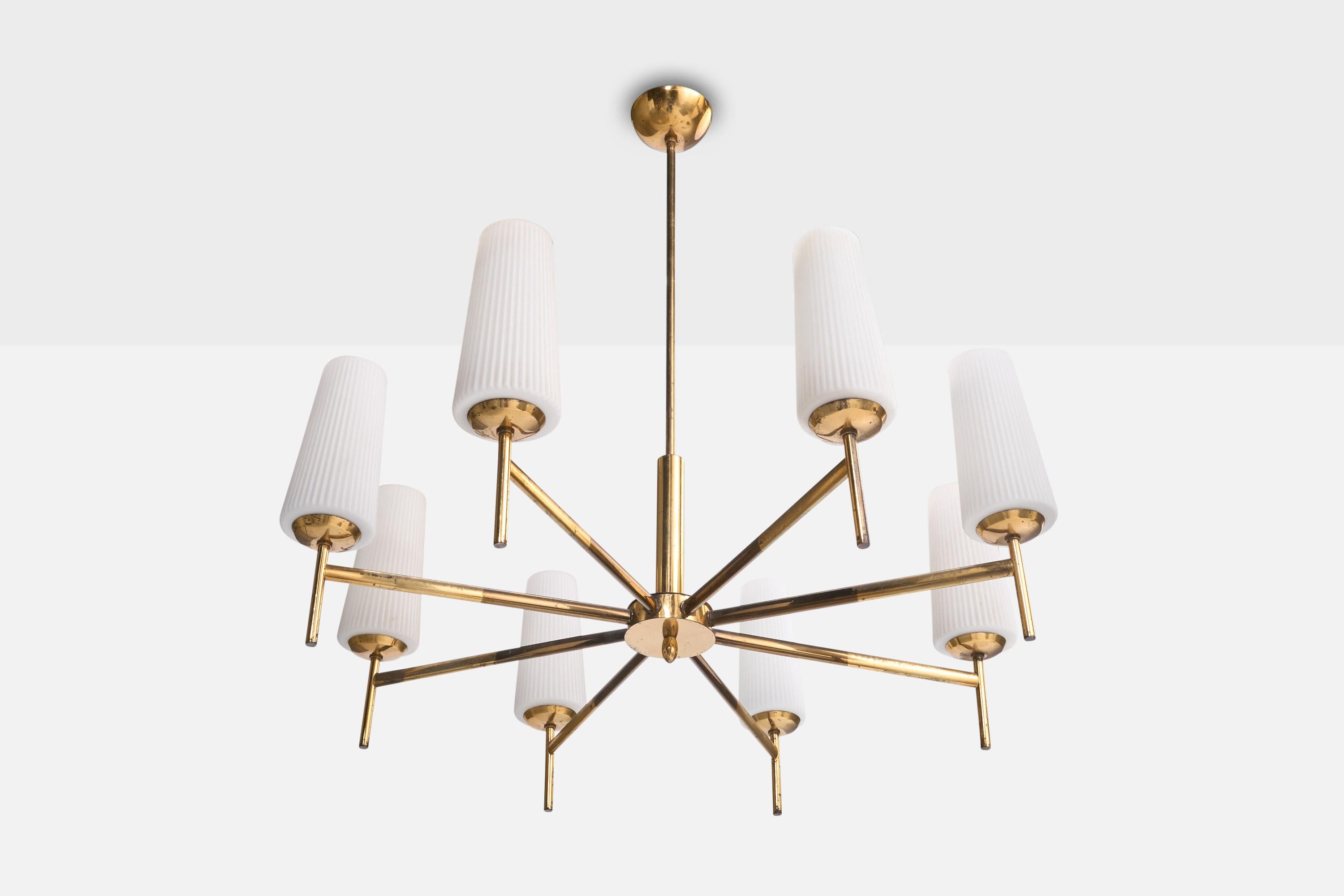 A brass and fluted white opaline glass chandelier designed and produced in Italy, c. 1950s.

Moderate oxidation throughout brass. Very light discoloration to glass shades.

Overall Dimensions (inches): 31” H x 28.5” Diameter

Dimensions of Canopy: