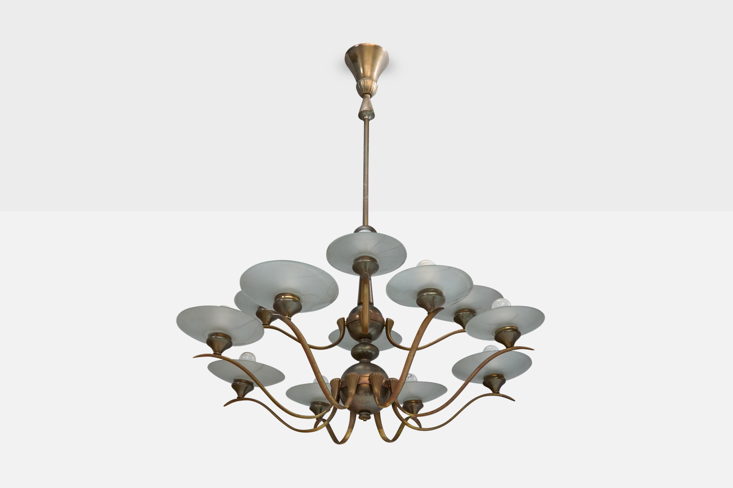 A brass and opaline glass chandelier likely designed and produced in Italy, c. 1950s.

Very light oxidation present to brass stem and arms.

Overall Dimensions (inches): 46” H x 32.5” Diameter

Dimensions of Canopy: 6.25“ H x 5.5” Diameter

Stem