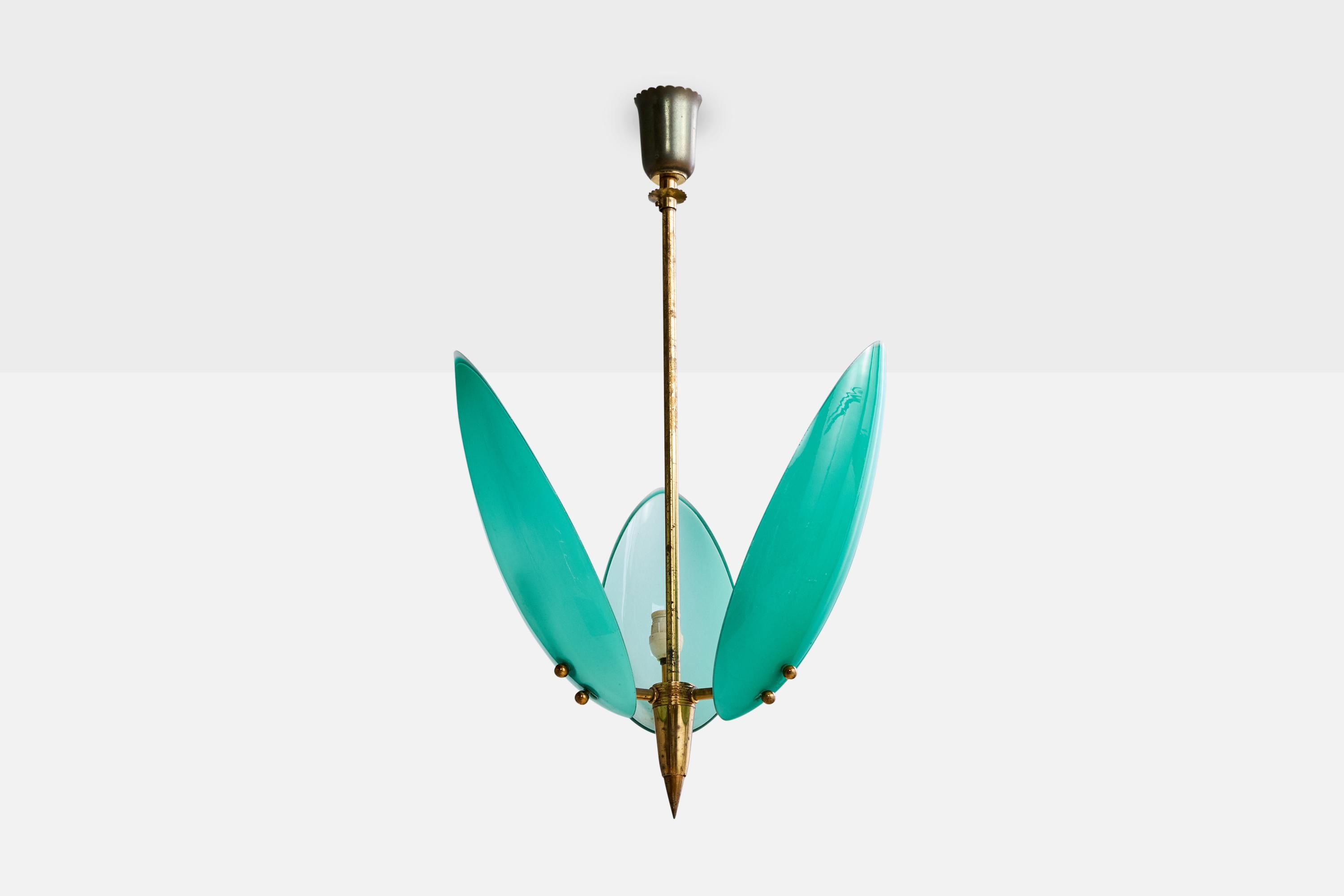 A brass and green-colored opaline glass chandelier designed and produced in Italy, c. 1950s.

Overall Dimensions (inches): 21.0