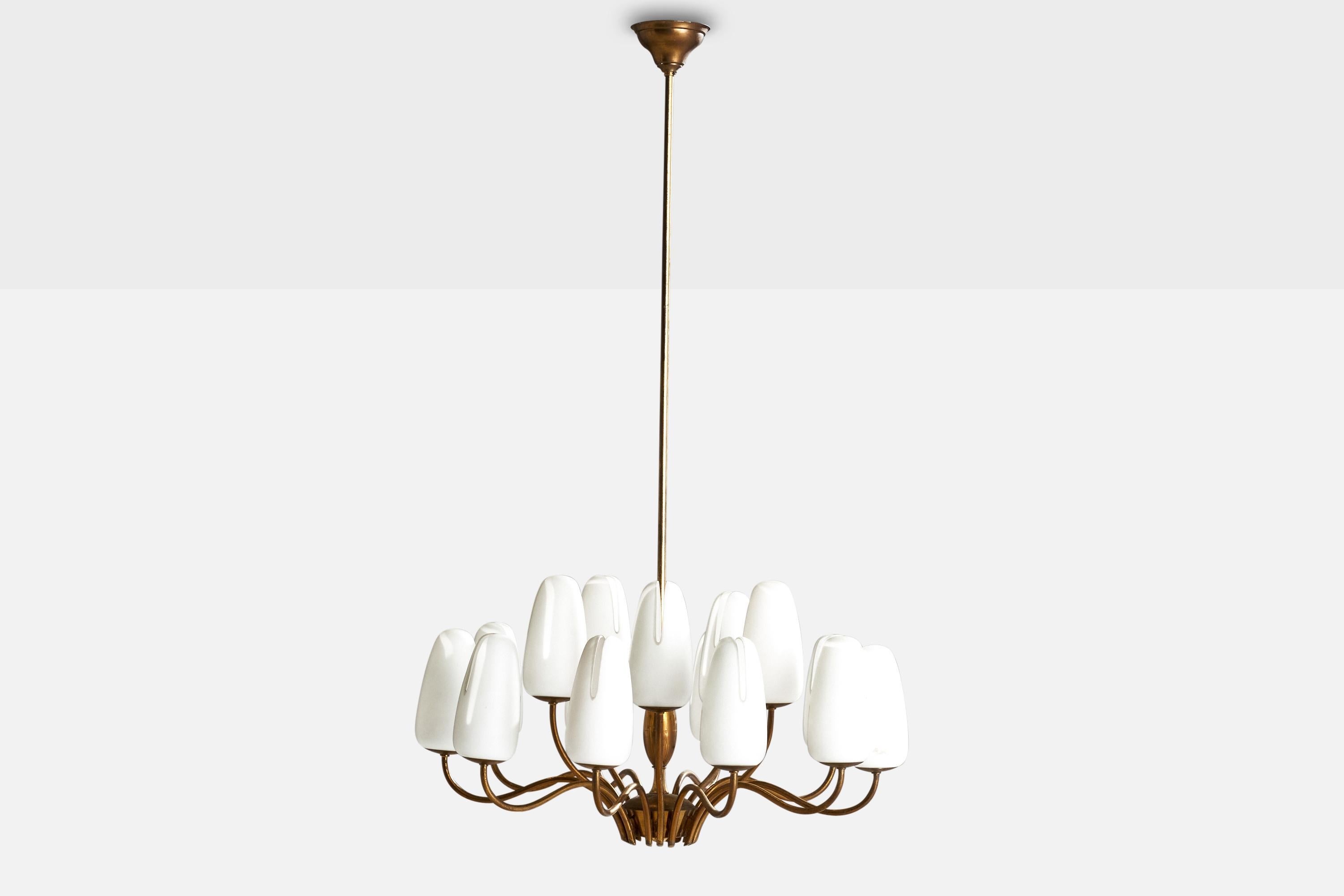 Mid-Century Modern Italian Designer, Chandelier, Brass, Glass, Italy, 1950s For Sale