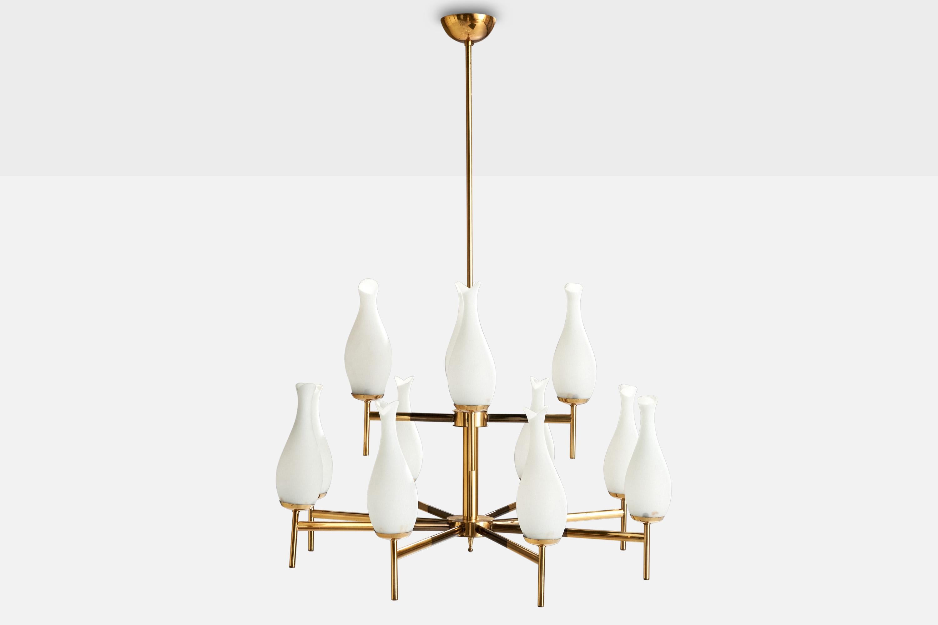 Mid-Century Modern Italian Designer, Chandelier, Brass, Glass, Italy, 1950s For Sale
