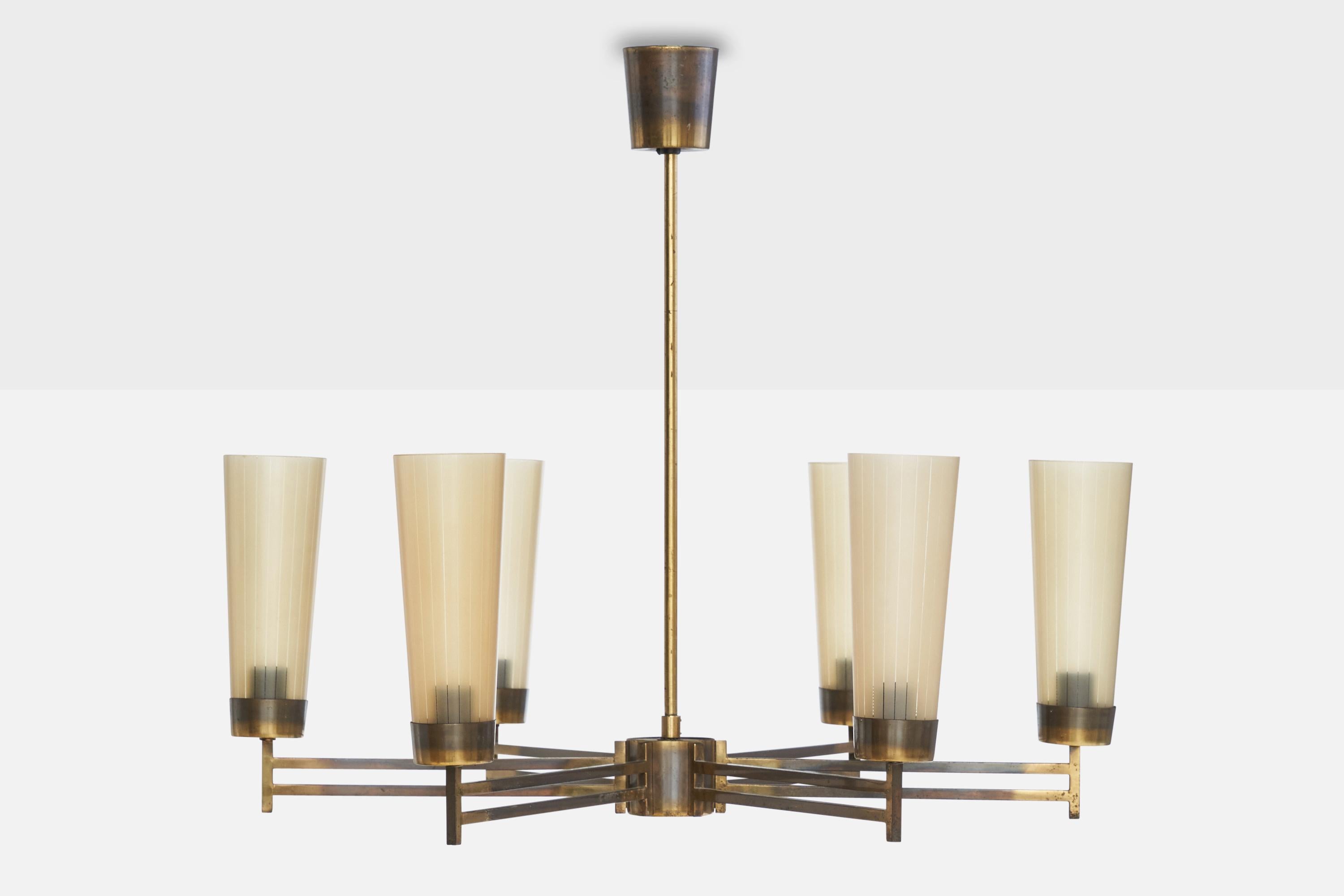 Mid-Century Modern Italian Designer, Chandelier, Brass, Glass, Italy, 1950s For Sale